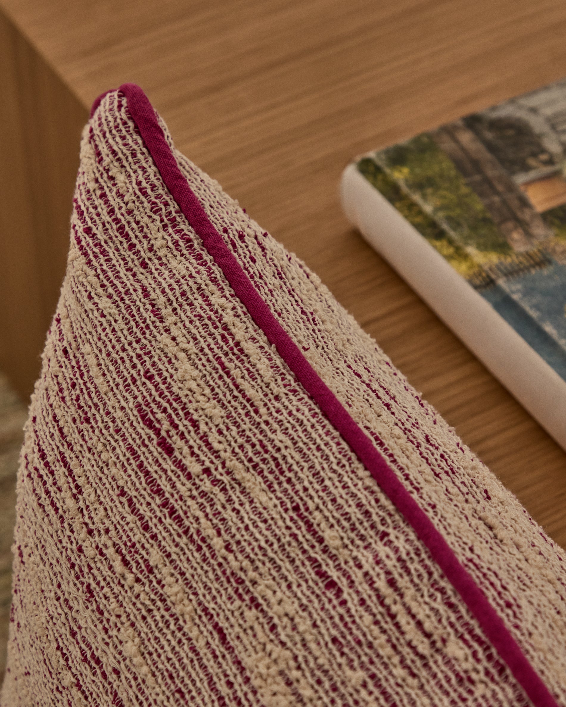 Brisella pink jacquard cushion cover with contrasting trim 45 x 45cm - Lifestyle