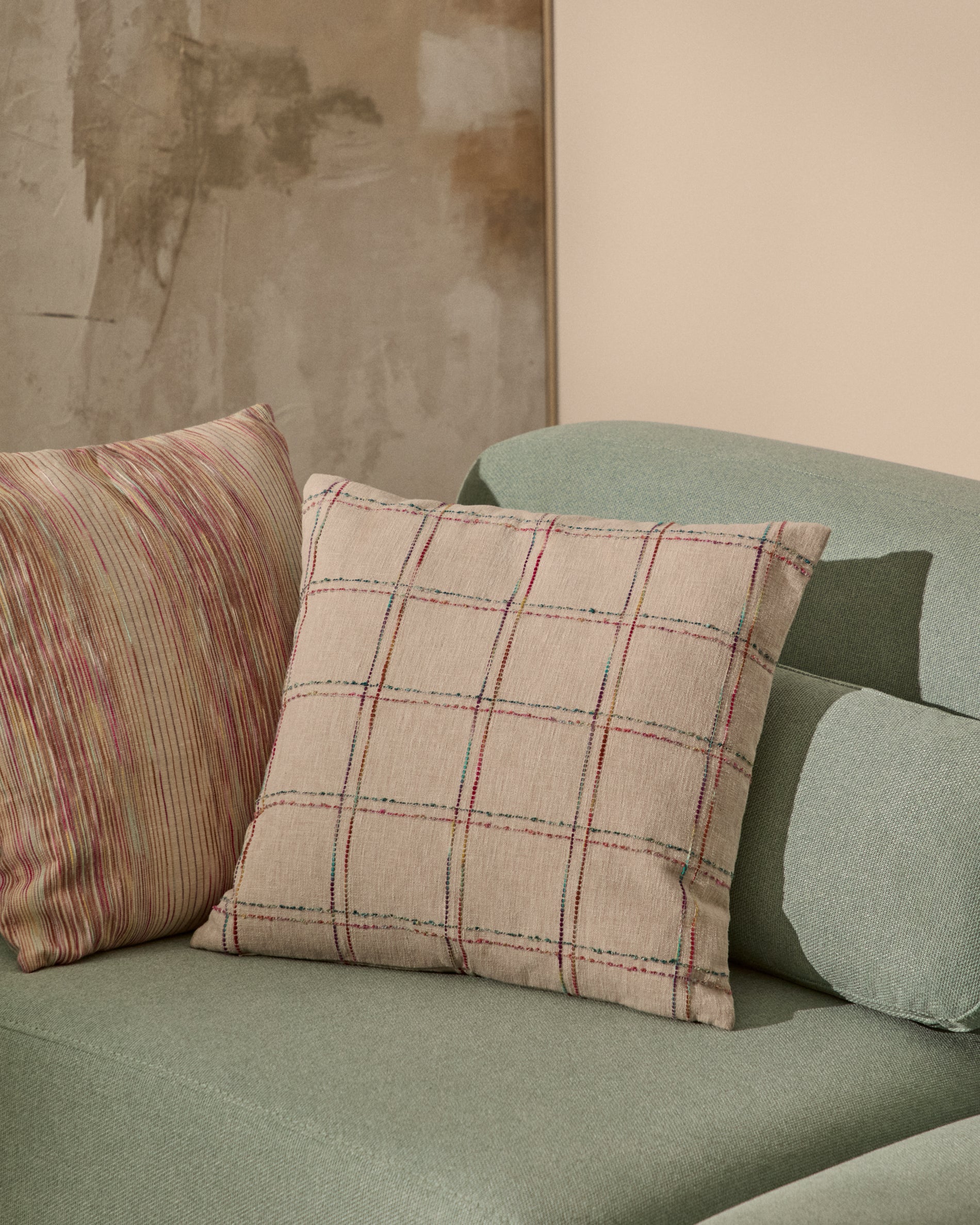Nety beige cushion cover with multicoloured checked embroidery 45 x 45cm - Lifestyle