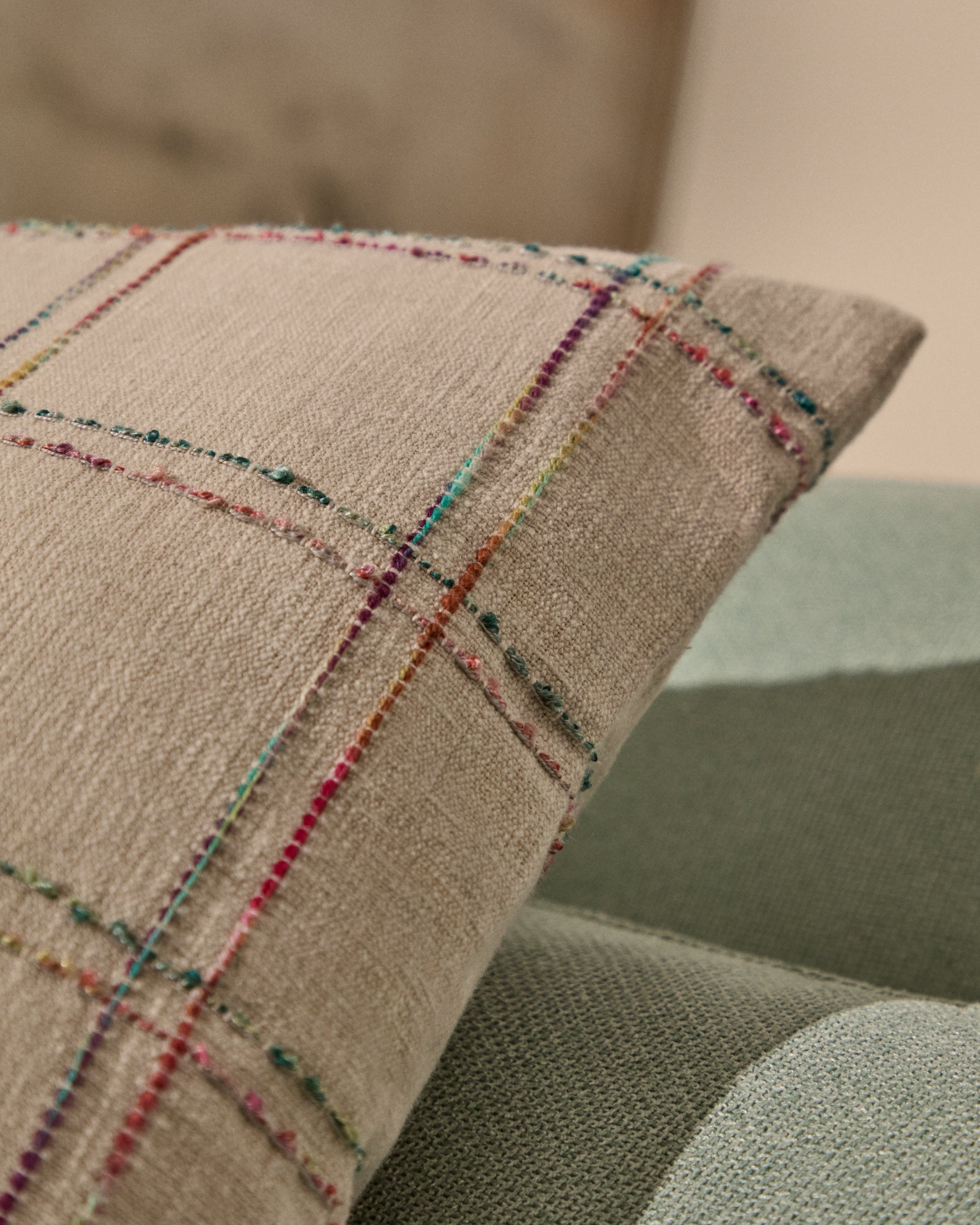 Nety beige cushion cover with multicoloured checked embroidery 45 x 45cm - Lifestyle