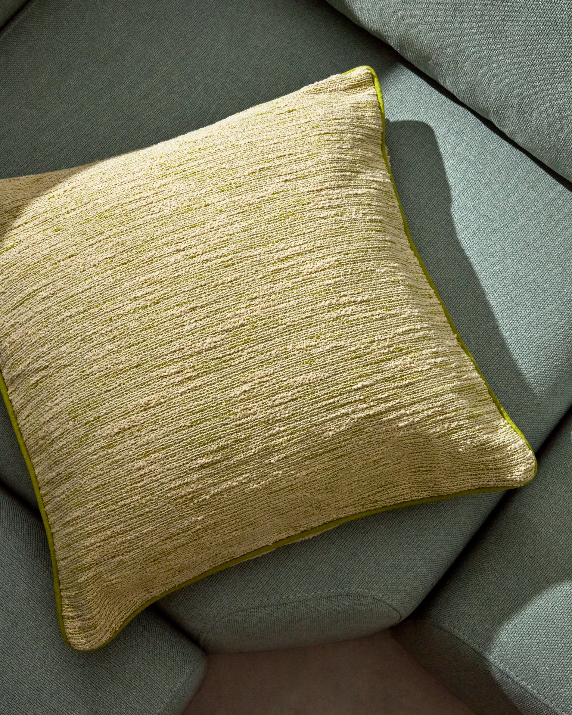 Brisella green jacquard cushion cover with contrasting trim 45 x 45cm - Lifestyle