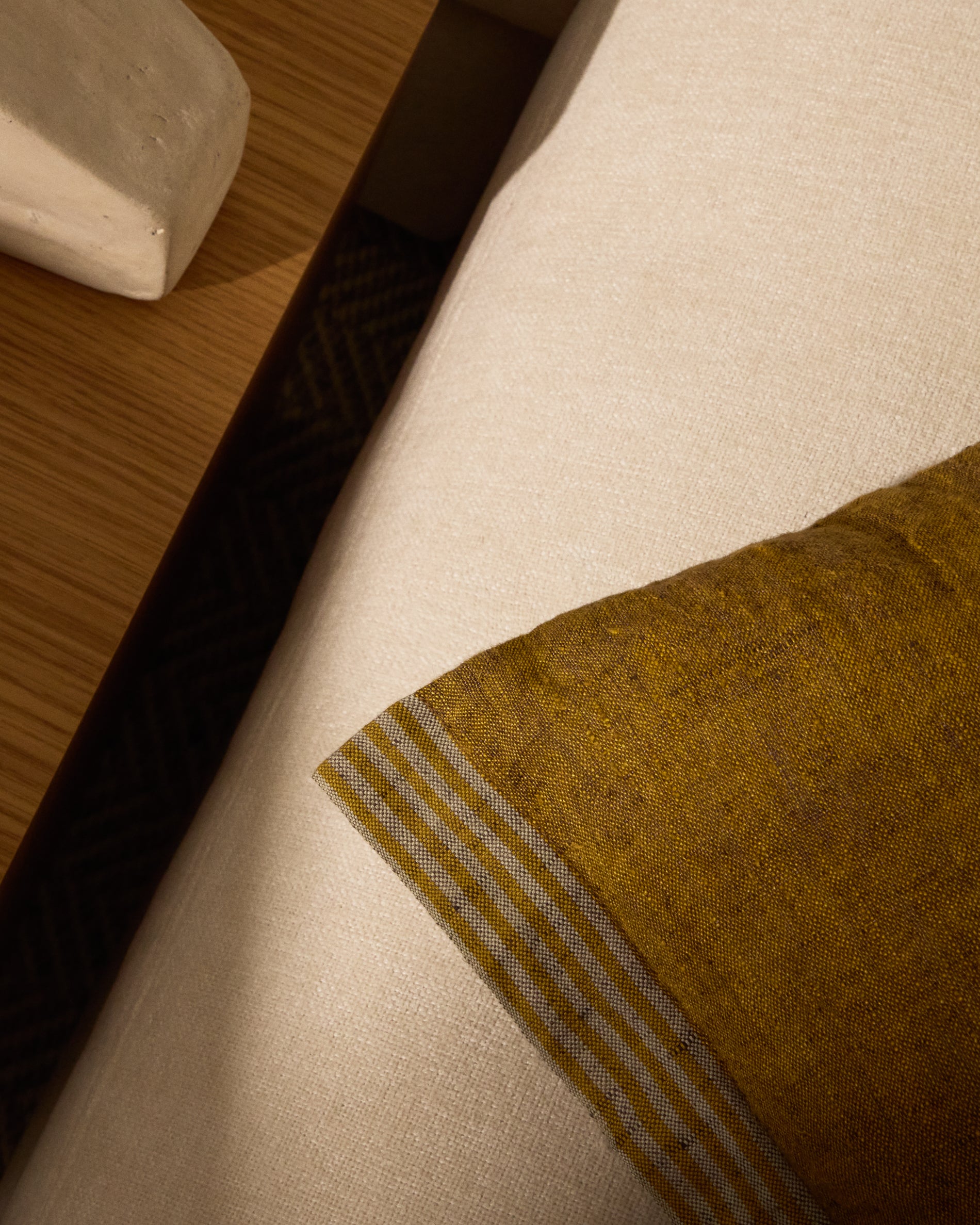 Niven mustard 100% melange linen cushion cover with side stripes 45 x 45cm - Lifestyle