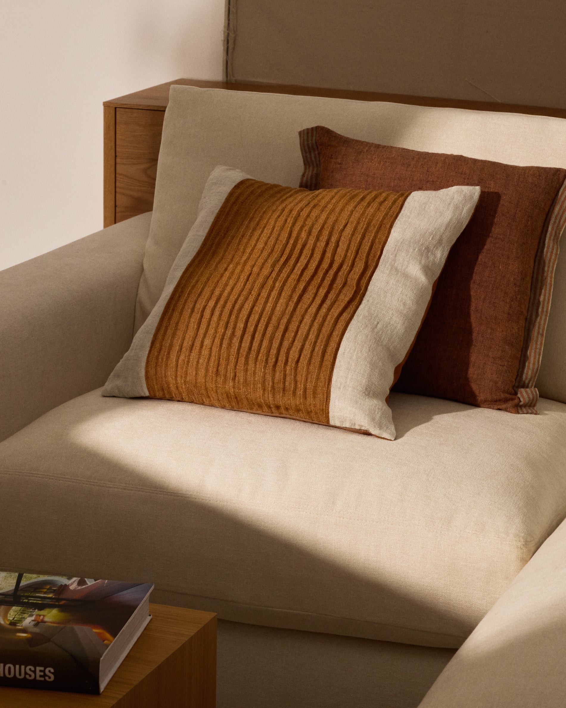 Zoren mustard pleated 100% linen cushion cover 50 x 50cm - Lifestyle