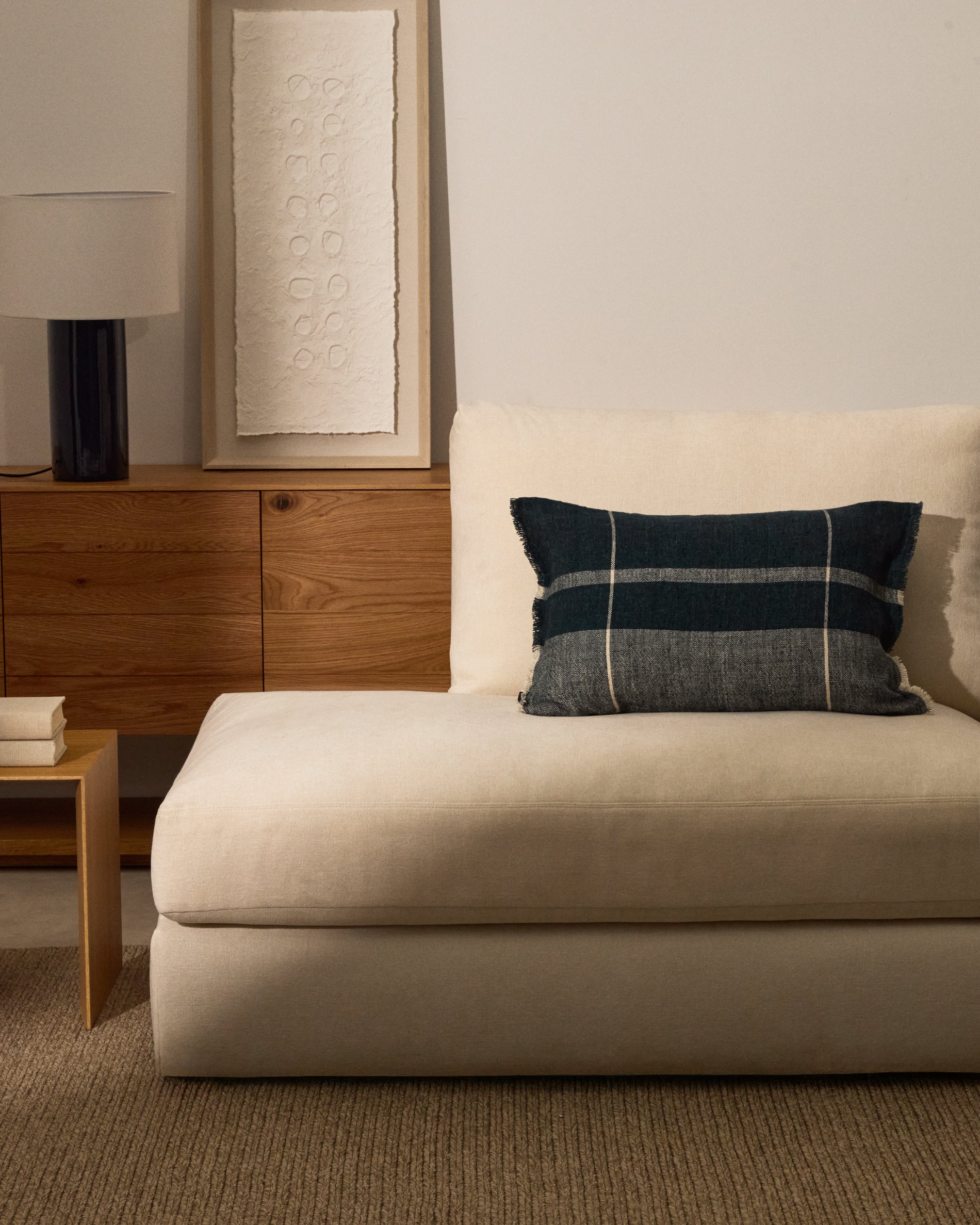 Eron blue checked linen cushion cover with fringing 40 x 60cm - Lifestyle