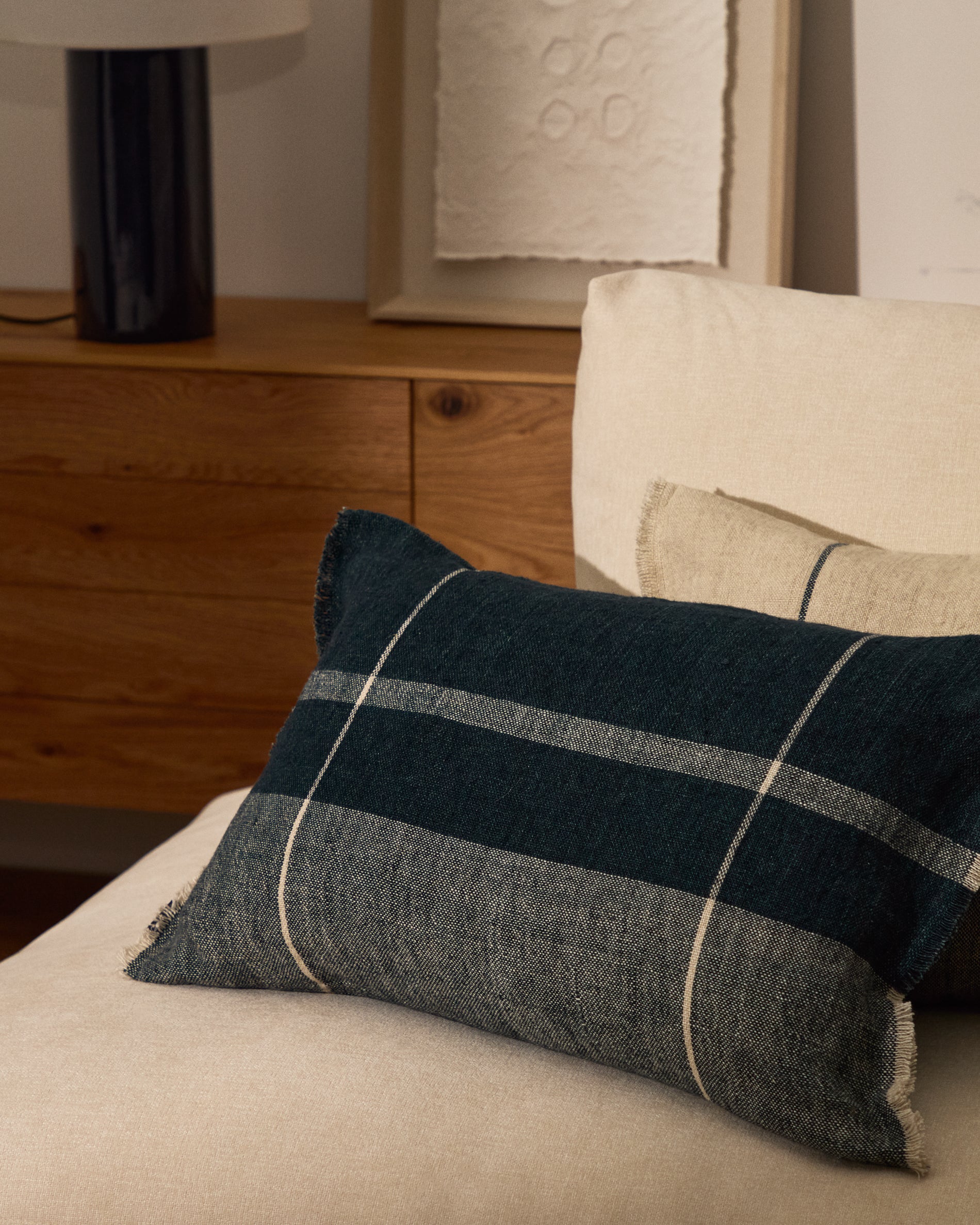Eron blue checked linen cushion cover with fringing 40 x 60cm - Lifestyle