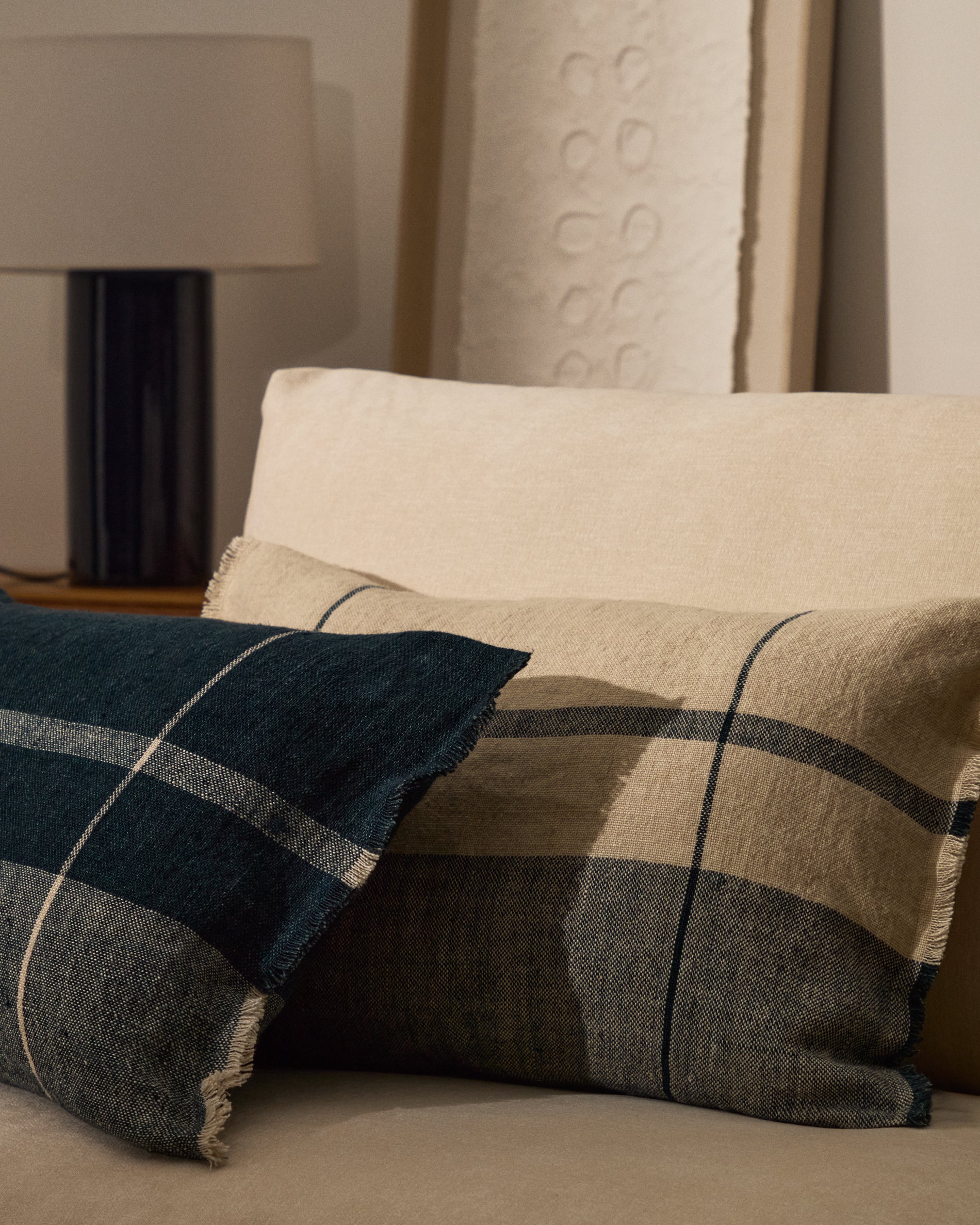 Eron beige and blue checked linen cushion cover with fringing 40 x 60cm - Lifestyle