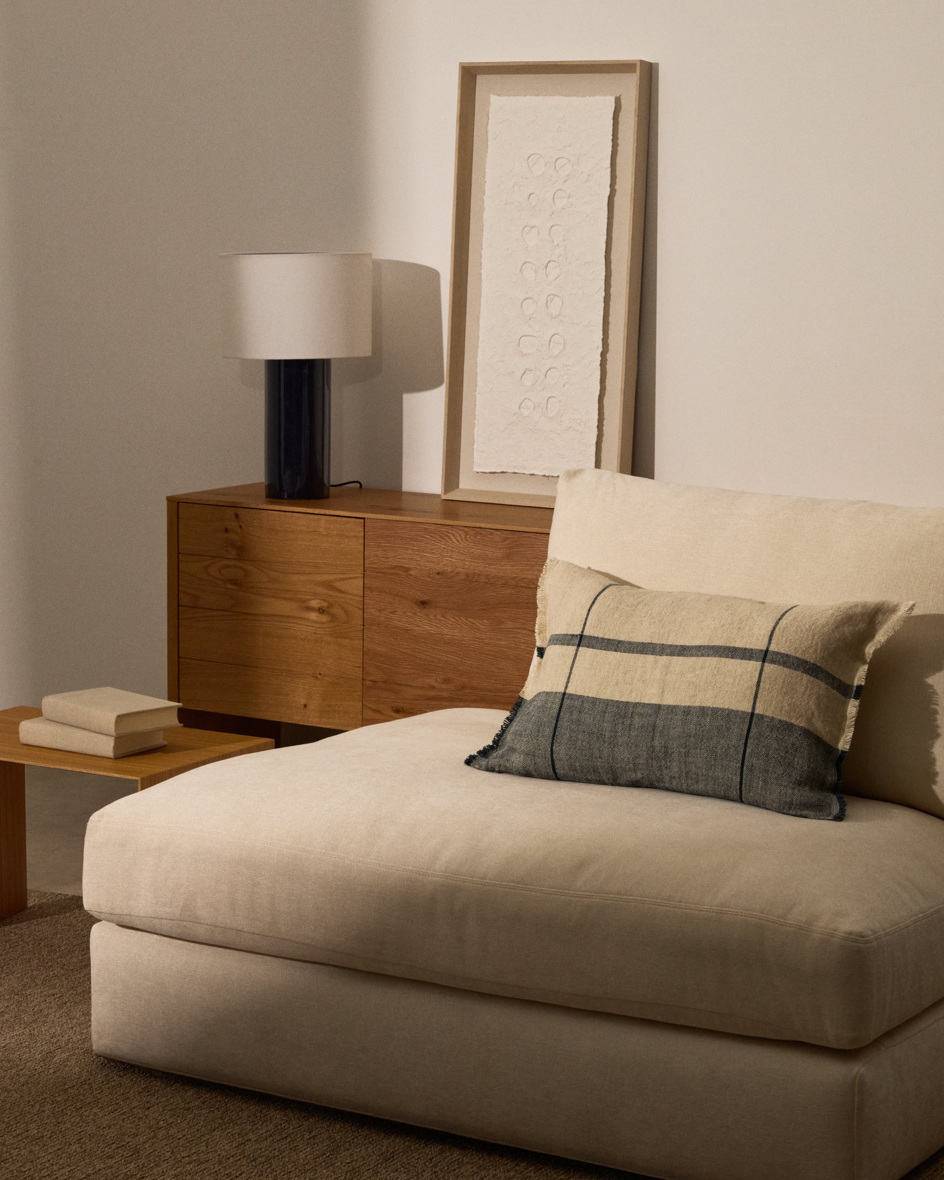 Eron beige and blue checked linen cushion cover with fringing 40 x 60cm - Lifestyle