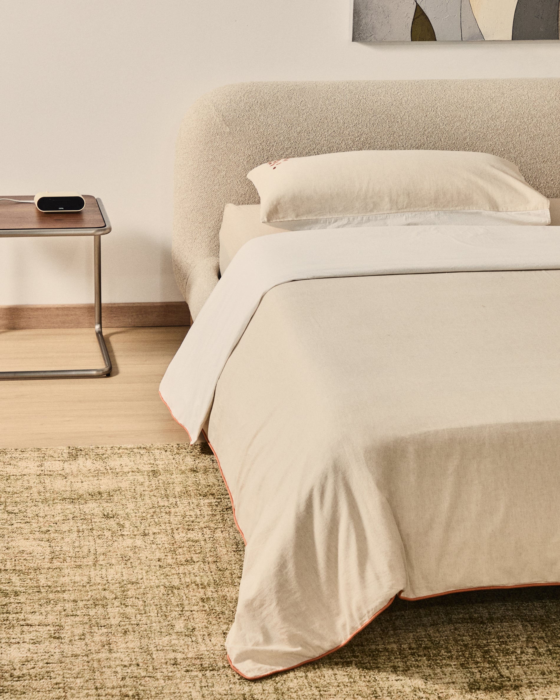 Virelda duvet cover and pillowcase set in beige cotton and linen with embroidered detail for 90cm bed - Lifestyle