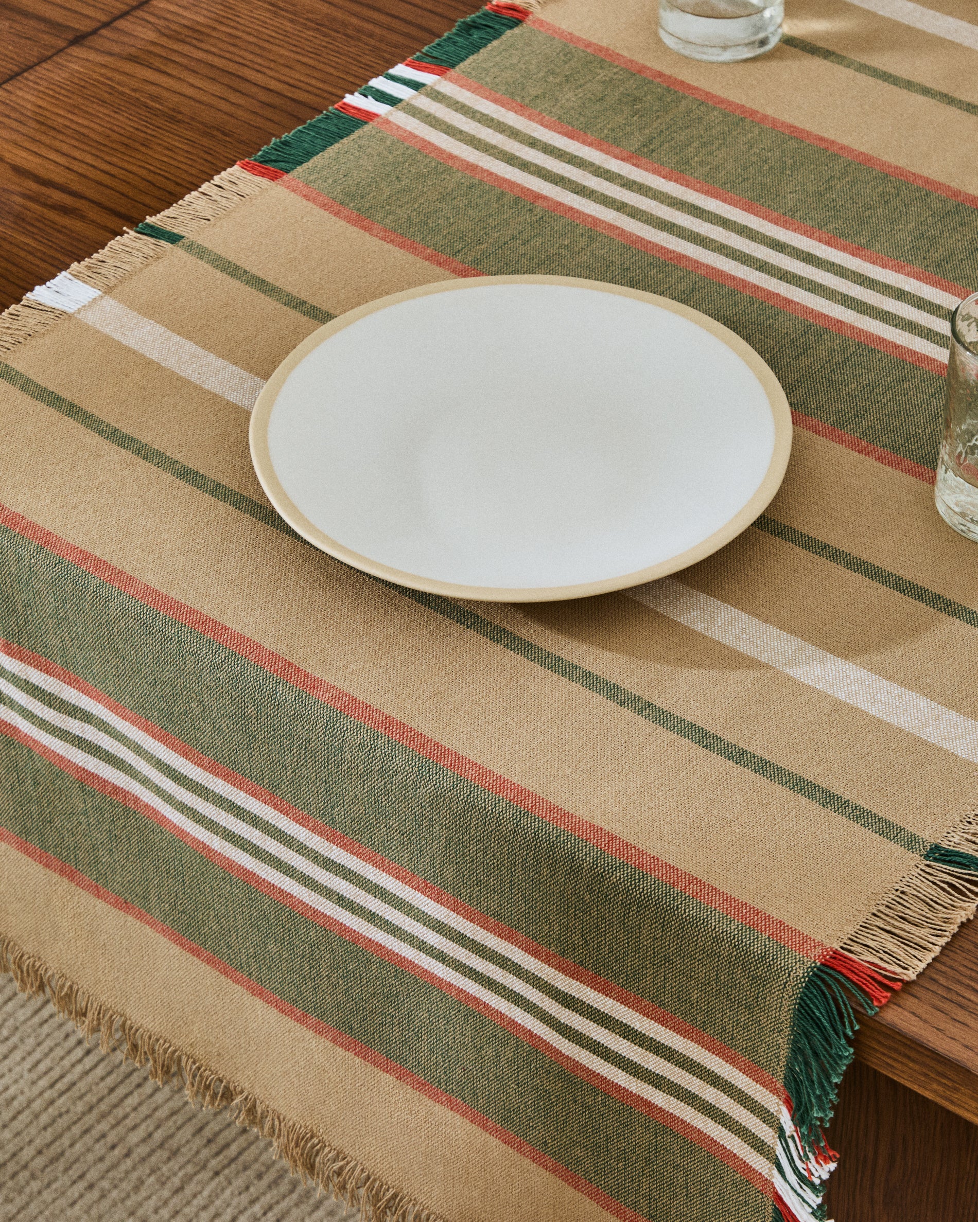 Davia 100% cotton table runner with green stripes and fringed detail 50 x 150cm - Lifestyle