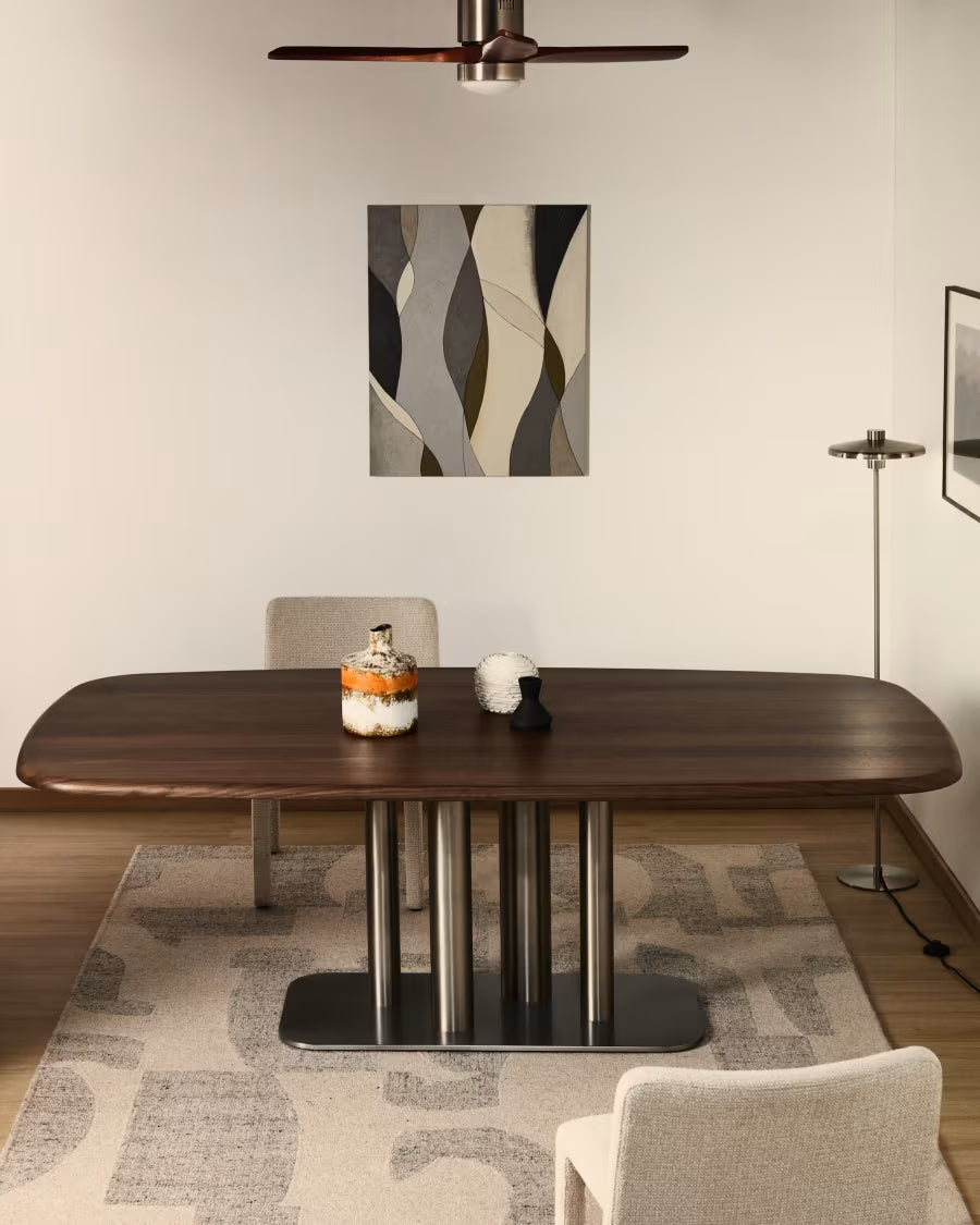 Melvar asztal FSC 100% dió furnérral és szálcsiszolt rozsdamentes acél lábakkal, 220 x 110 cm