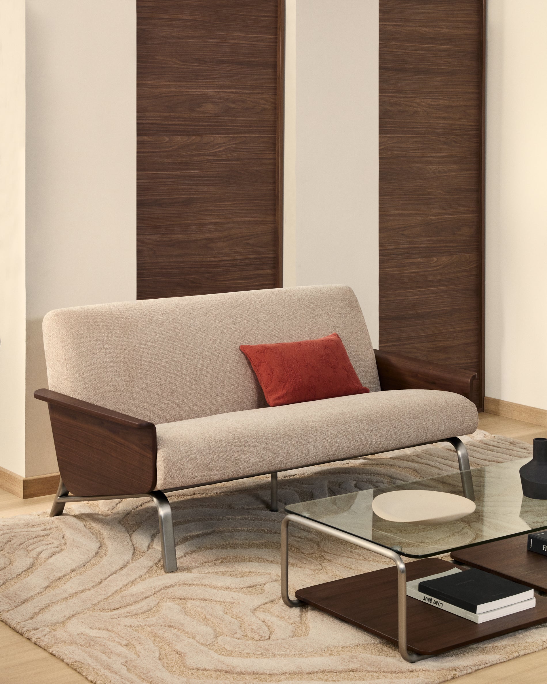 Amsen light brown 2-seater sofa in walnut plywood with brushed stainless steel legs 150cm - Lifestyle