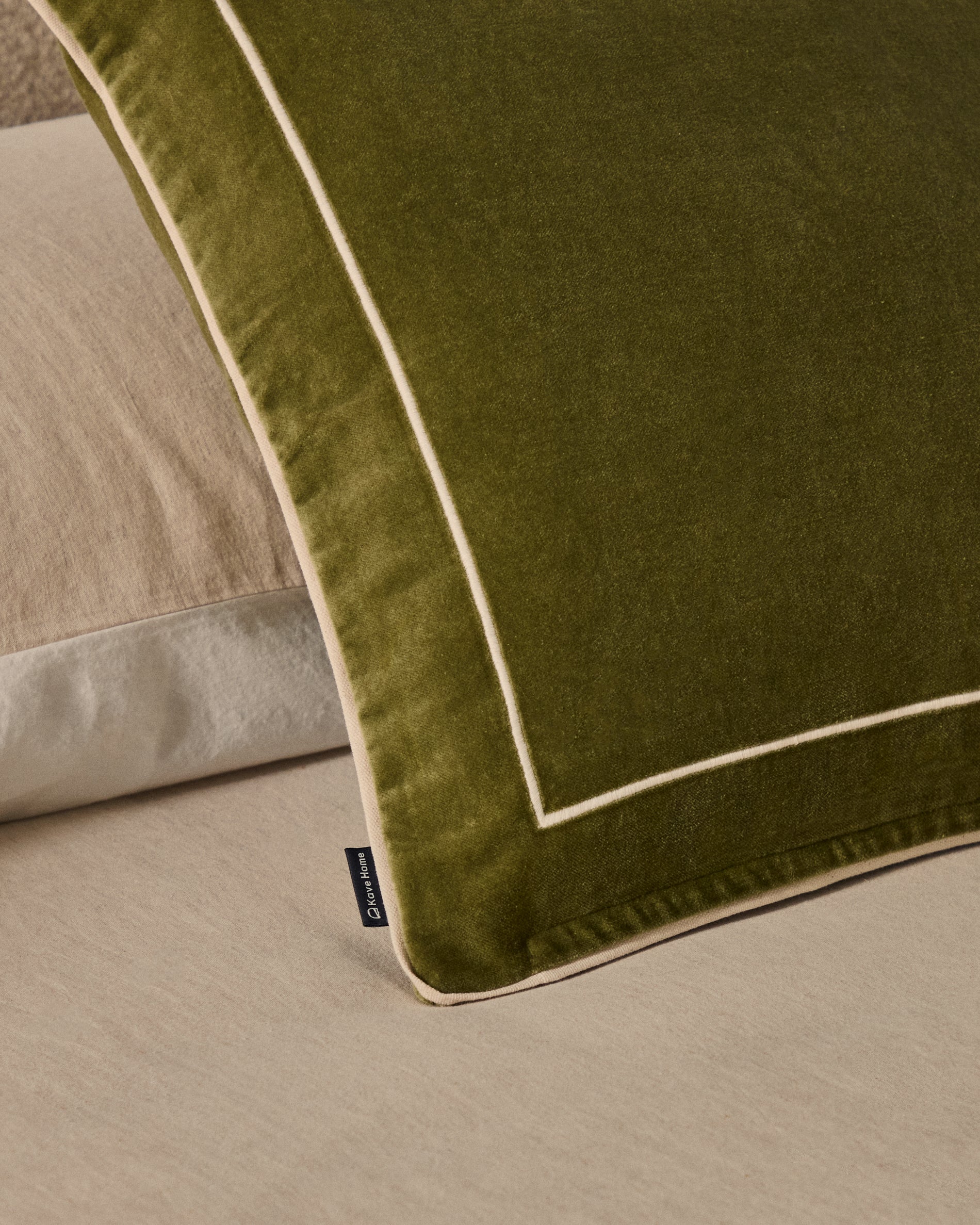 Tivani green embroidered velvet cushion cover with contrasting trim 45 x 45cm - Lifestyle