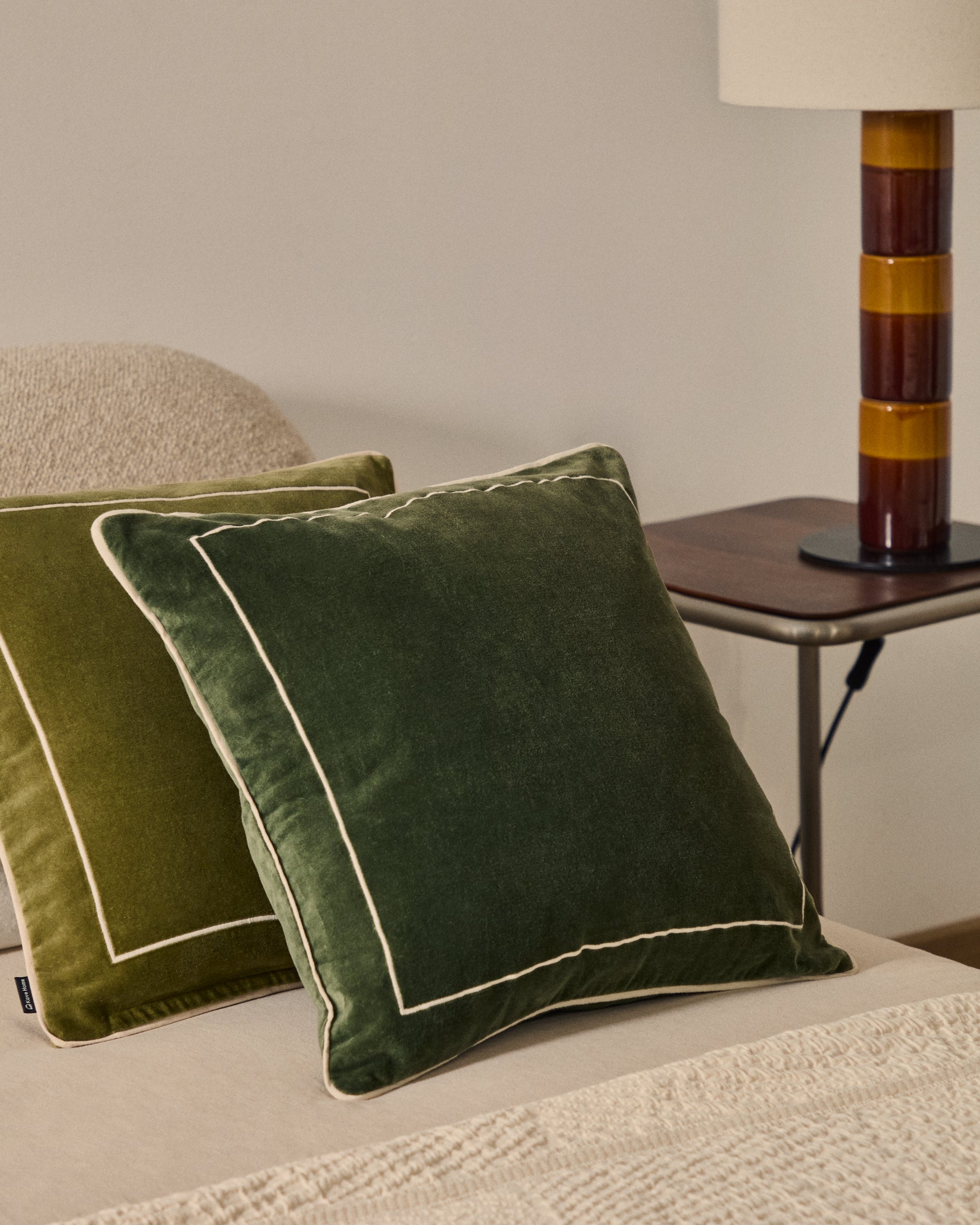 Tivani green embroidered velvet cushion cover with contrasting trim 45 x 45cm - Lifestyle