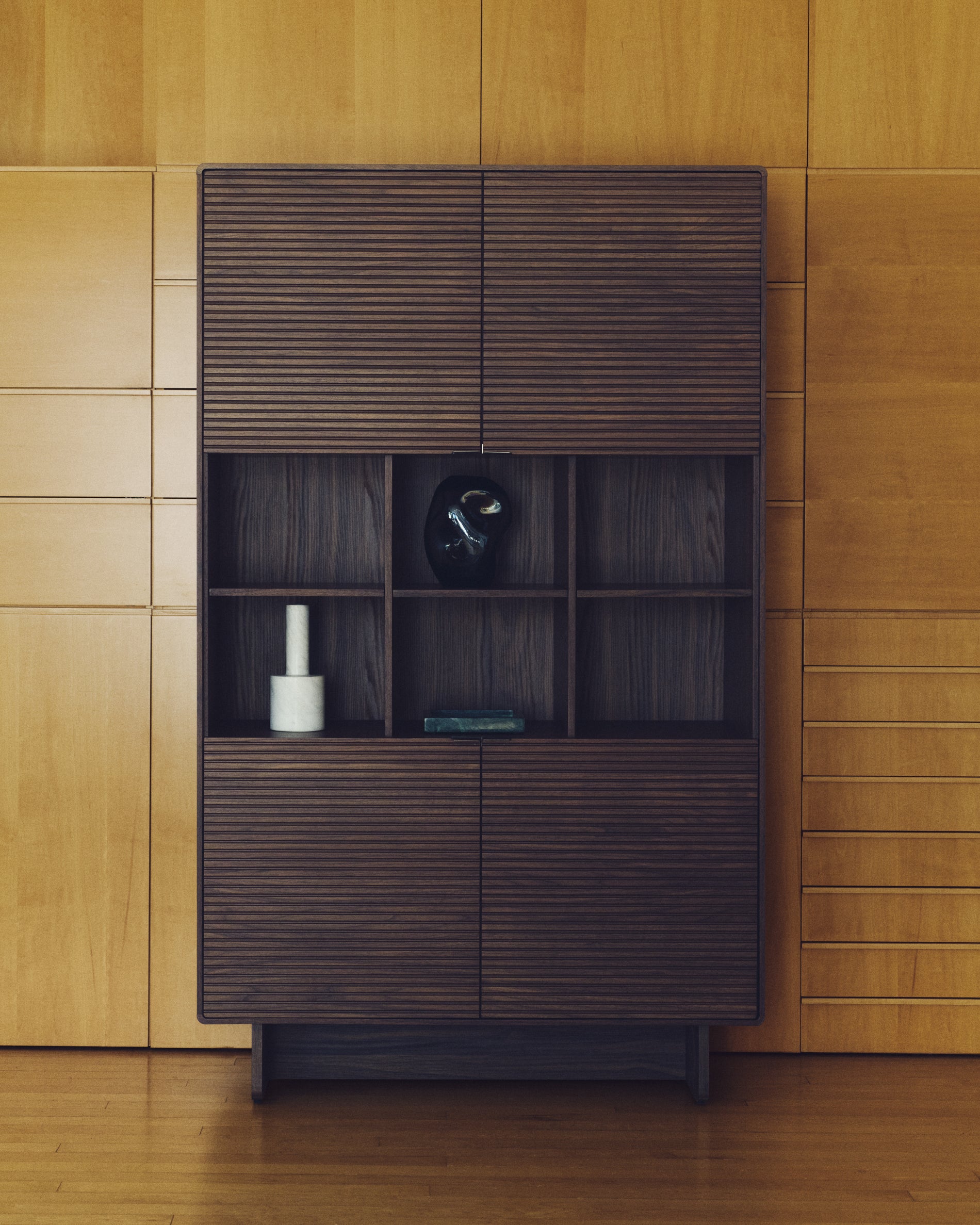 Norlen 4-door tall sideboard in walnut veneer FSC Mix Credit 100 x 163cm - Lifestyle