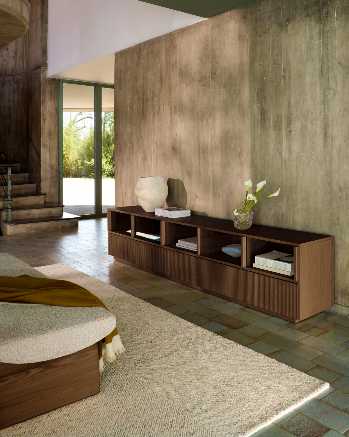 Helvine 4-drawer TV stand in ash veneer with walnut finish 242 x 53.5cm FSC 100% - Lifestyle