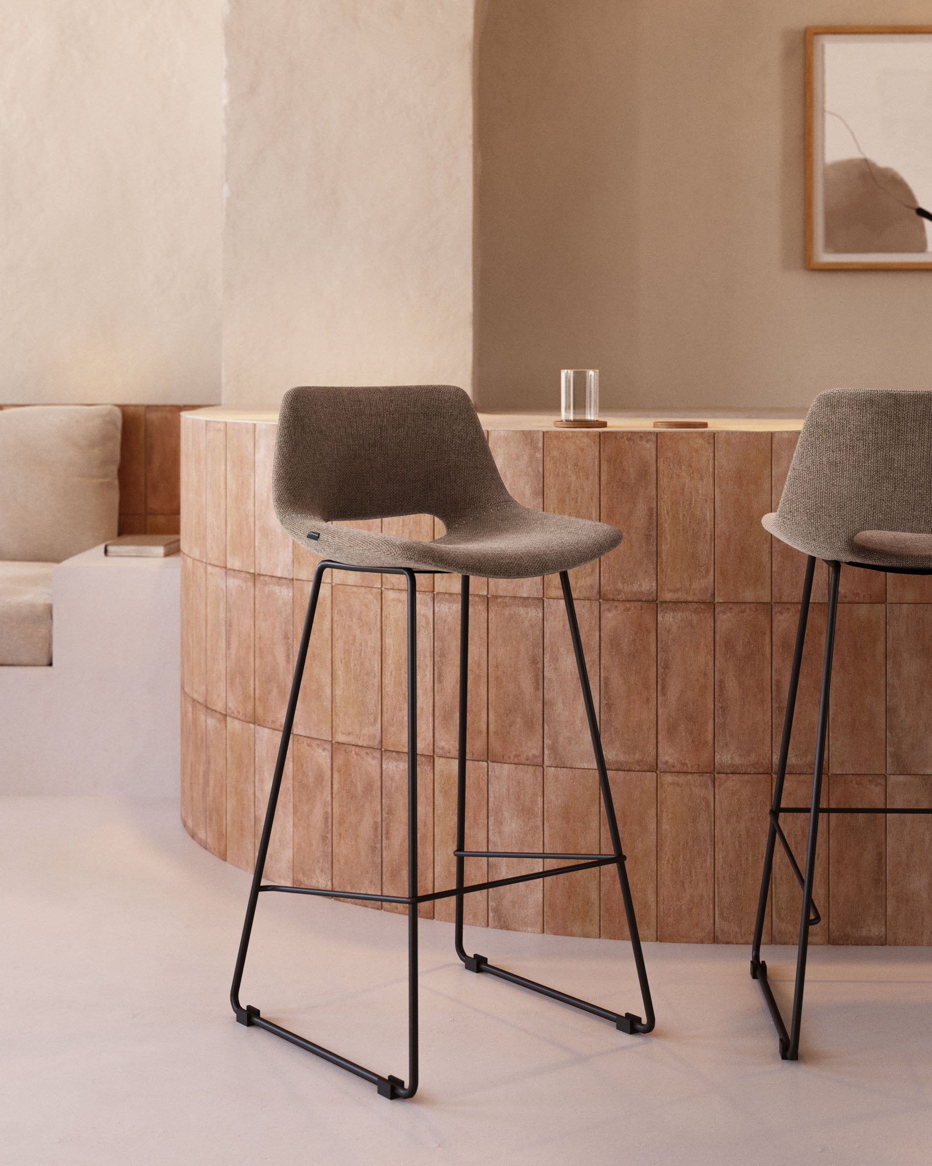 Zahara bar stool in brown with steel legs in black finish, height 65 cm - Lifestyle