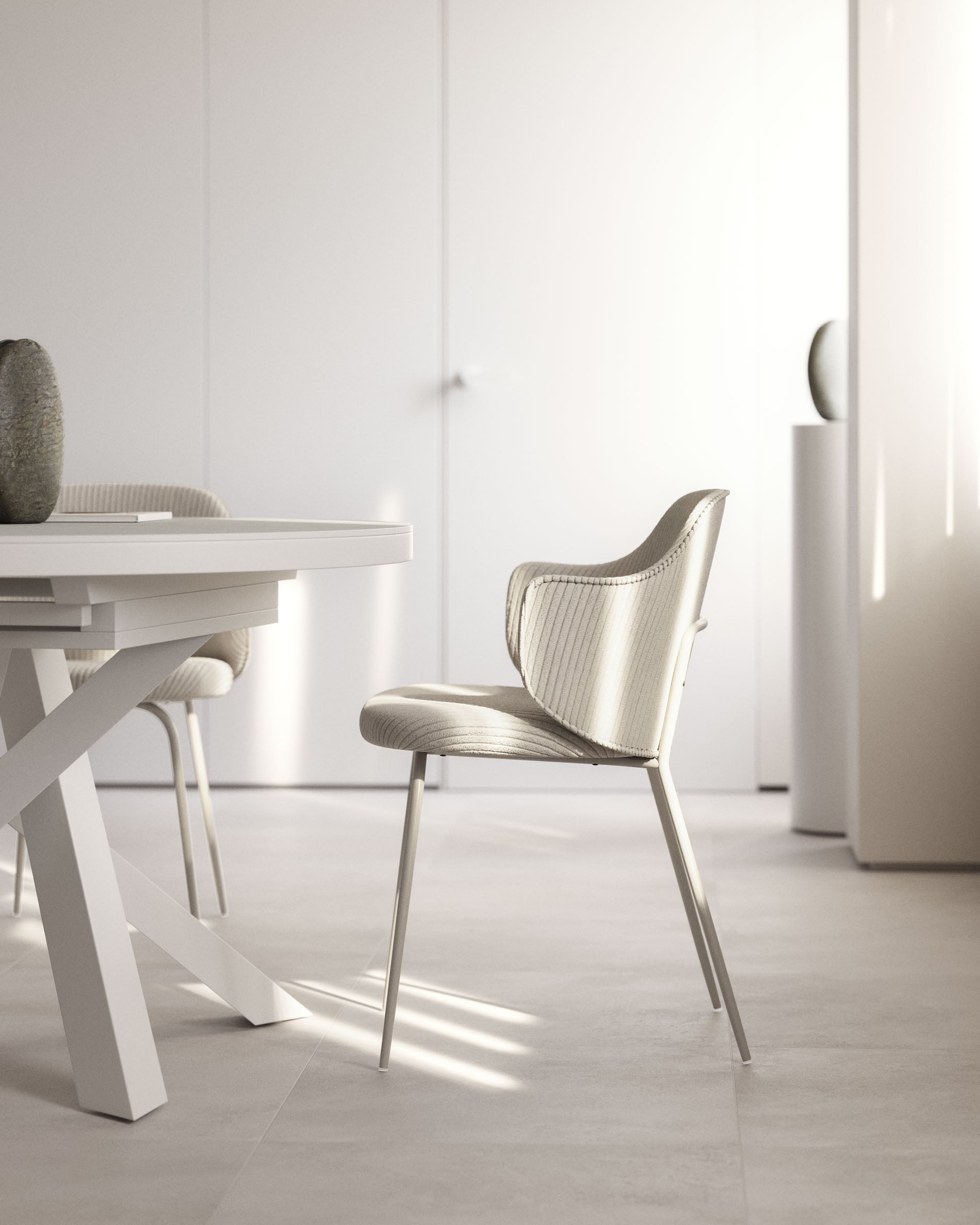 Yunia chair in beige wide seam corduroy with steel legs in a powder coated beige finish FSC 100% - Lifestyle