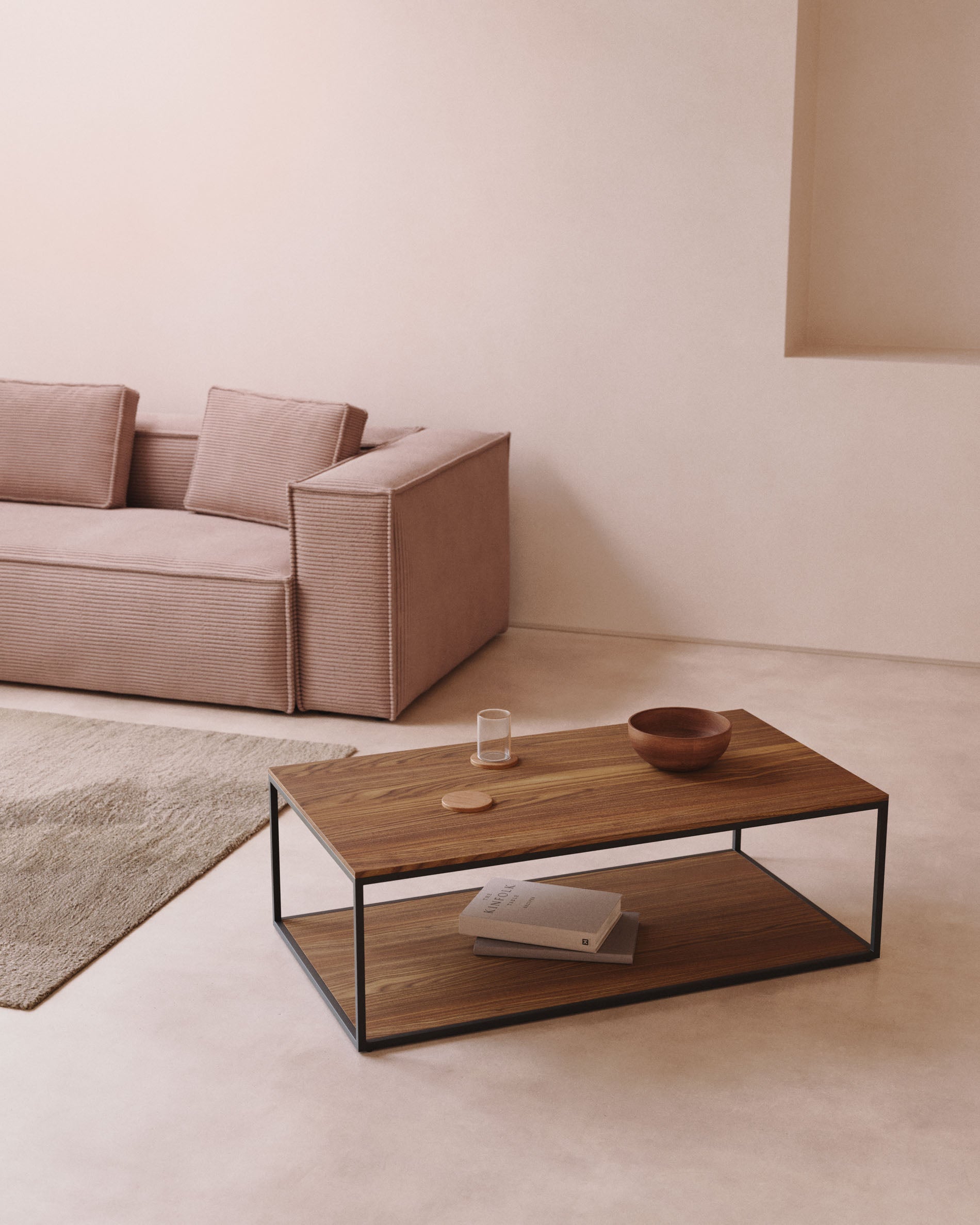 Yoana coffee table with oak walnut veneer and painted black metal structure, 110 x 60 cm - Lifestyle