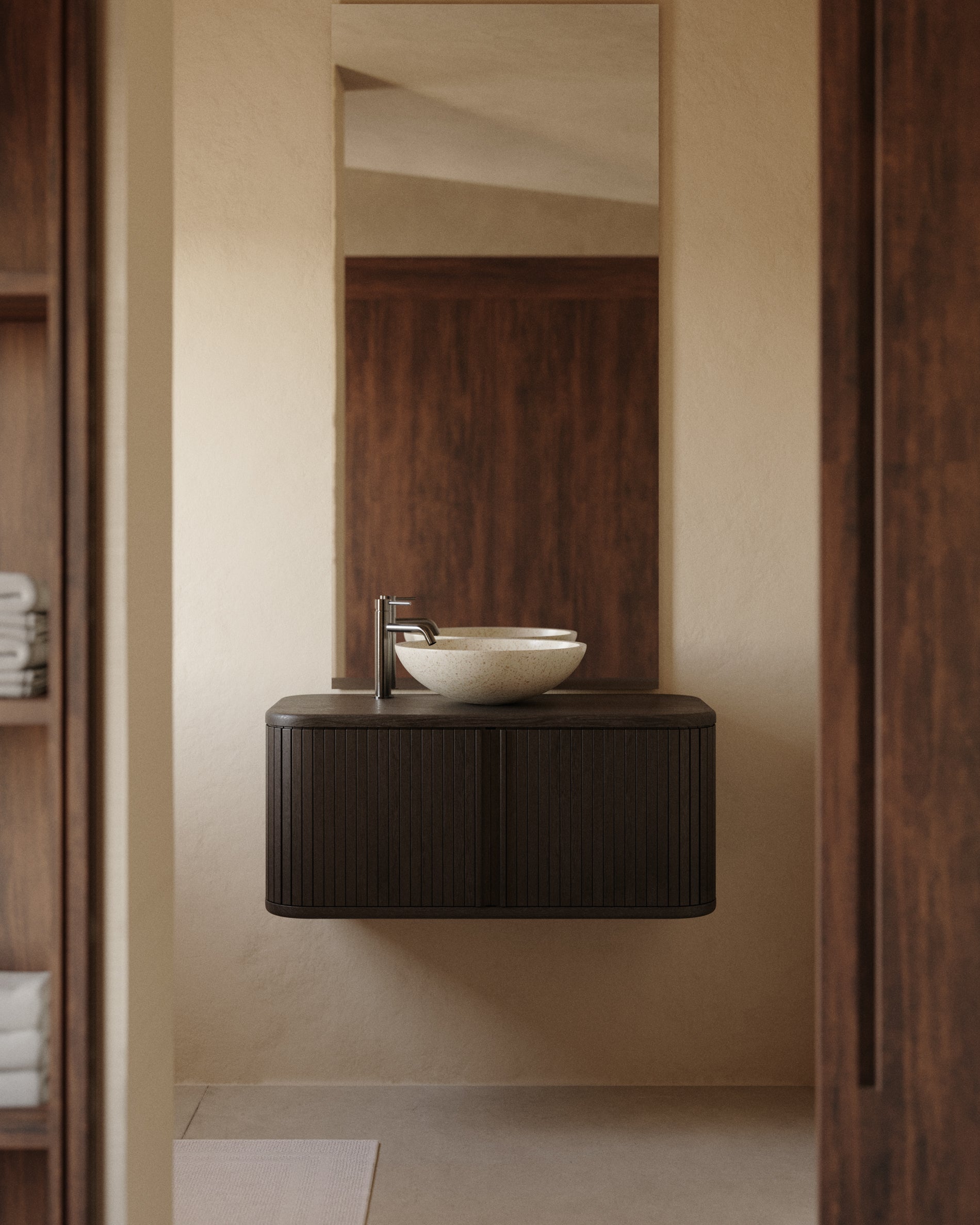Mailen bathroom cupboard in ash veneer in a dark finish, 90 x 45 cm - Lifestyle