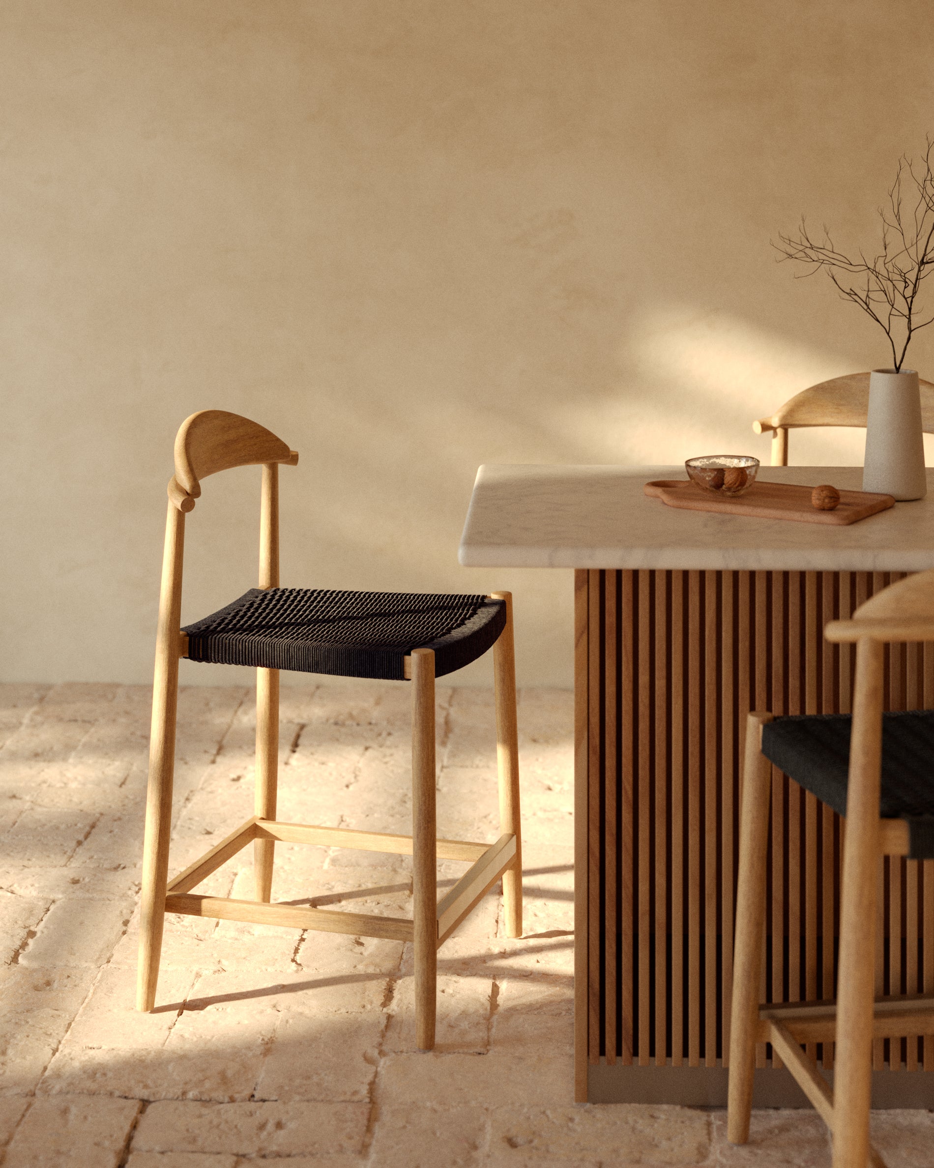 Nina Stool made of solid acacia wood with natural finish and black rope, height 62 cm - Lifestyle
