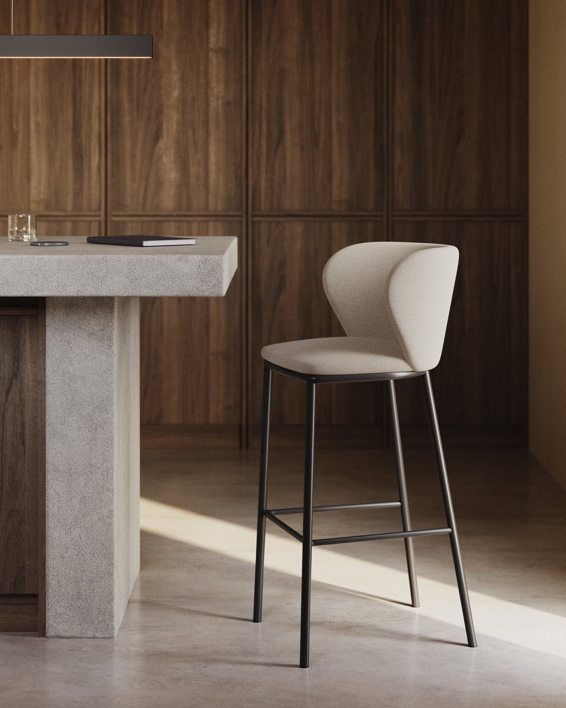 Ciselia stool in beige chenille with steel legs in black 65 cm height FSC Mix Credit - Lifestyle