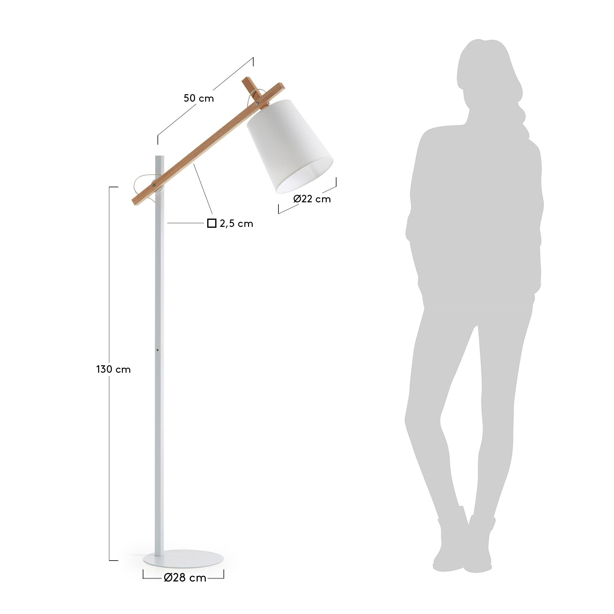 Kosta floor lamp in beech wood and steel with white finish - Measurements