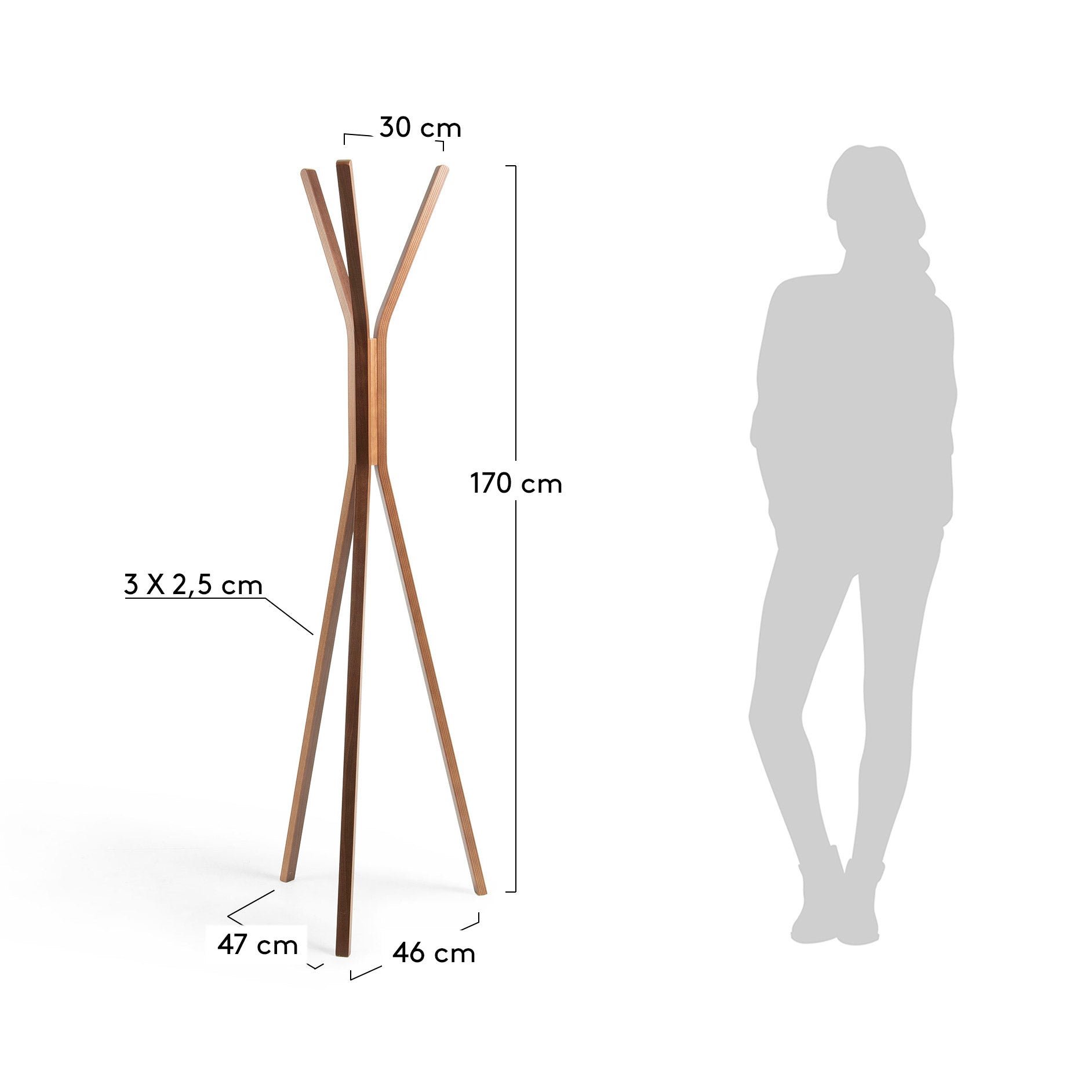 Chelsey solid rubber wood coat rack, 170 cm - Measurements