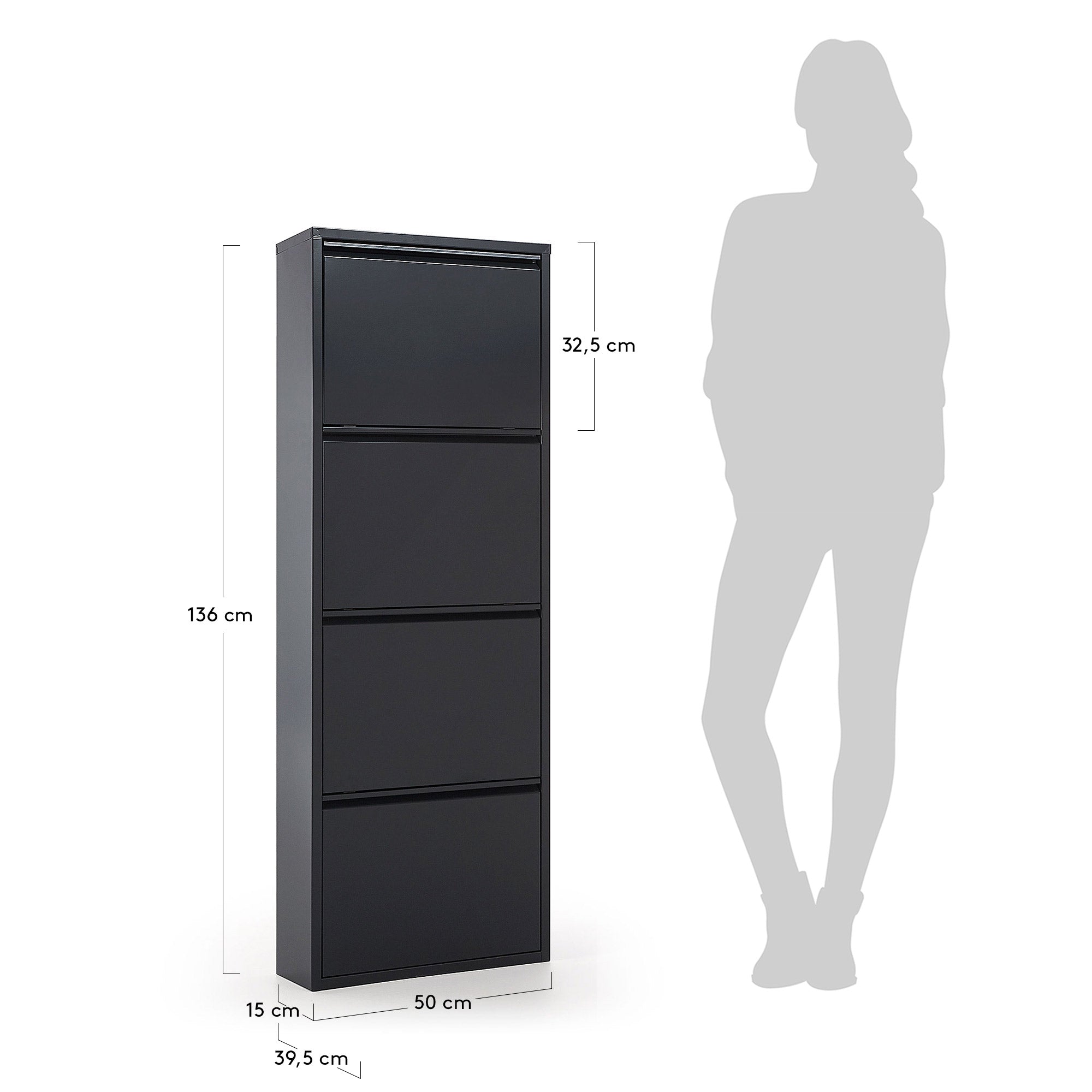 Ode shoe rack with 4 doors in dark grey, 50 x 136 cm - Measurements