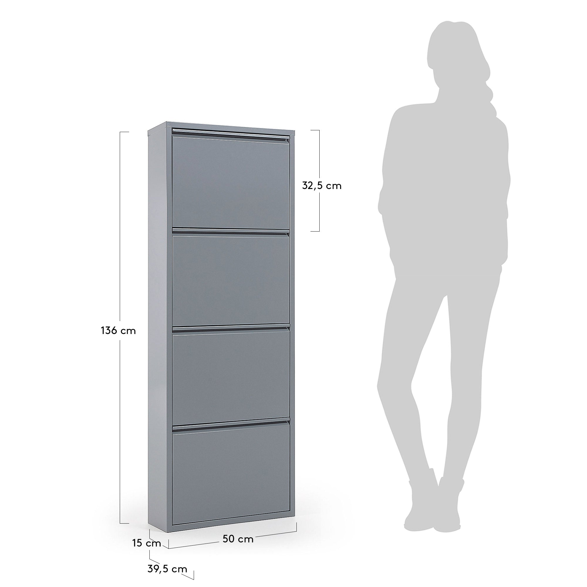 Shoe rack Ode 50 x 136 cm 4 doors metal grey - Measurements