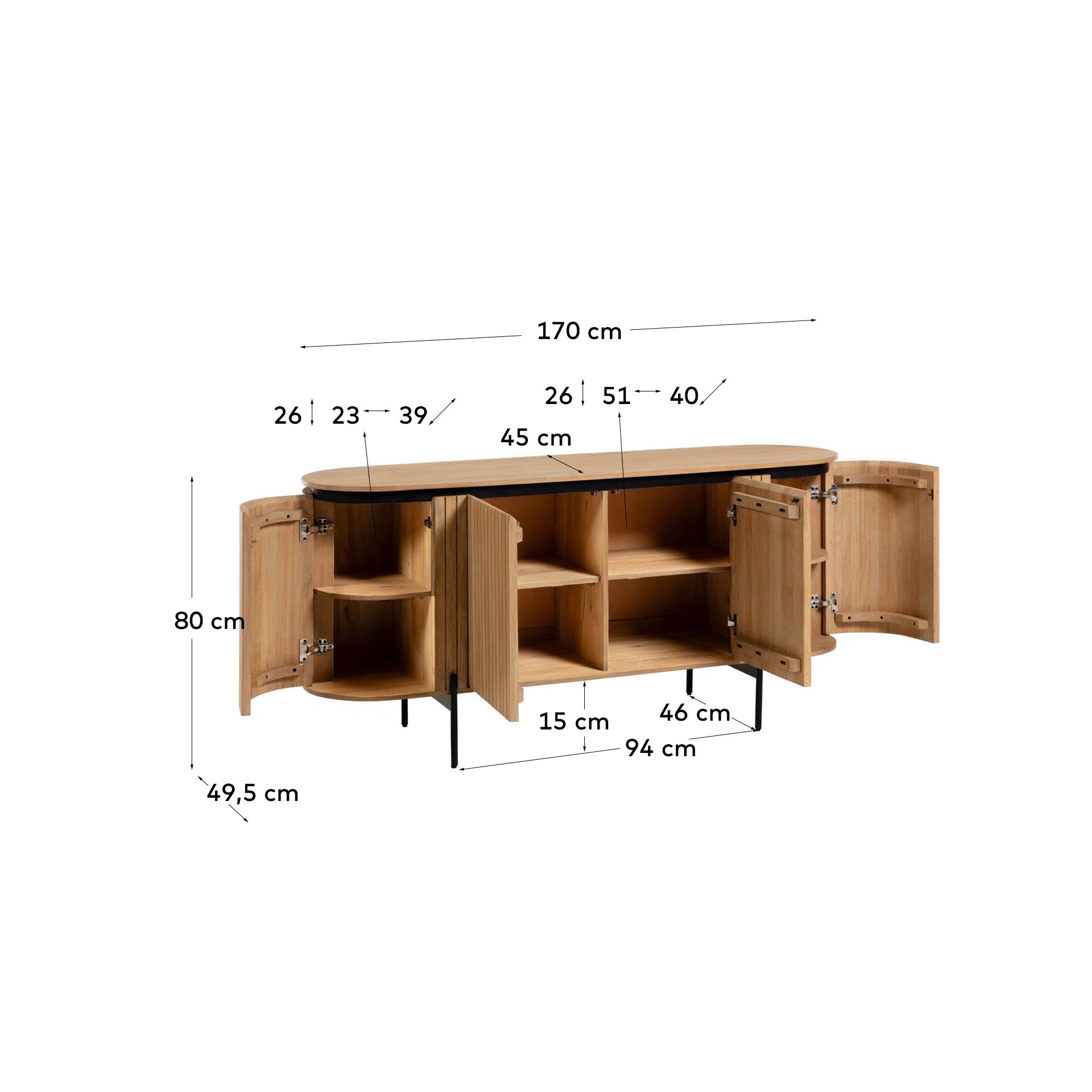 Licia solid mango wood sideboard with 4 doors and black finish metal, 170 x 80 cm - Measurements