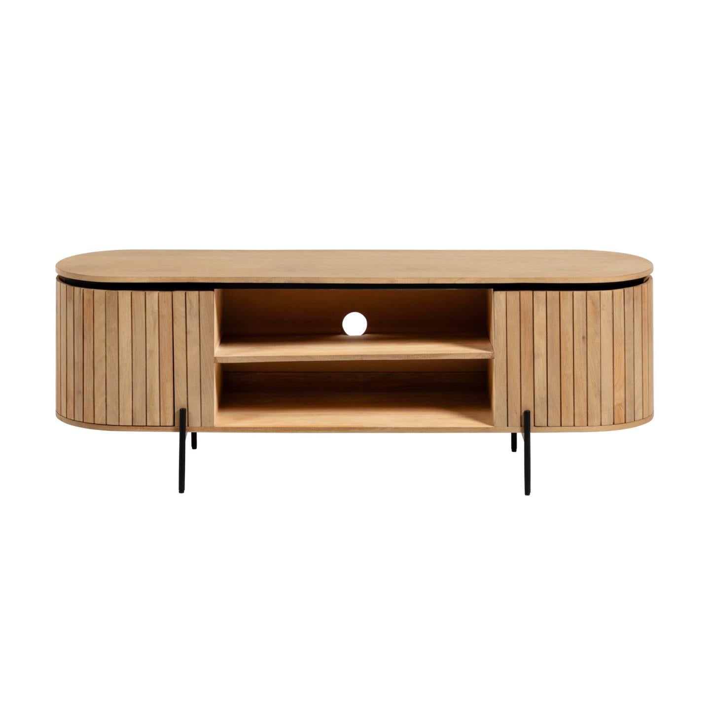 Licia solid mango wood TV stand with 2 doors and black finish metal, 160 x 56 cm - Product Image