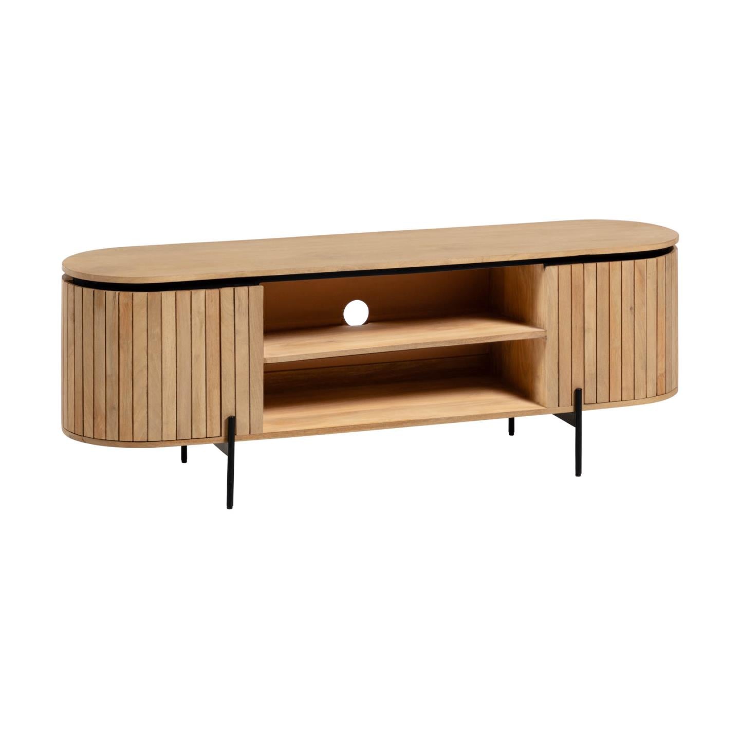 Licia solid mango wood TV stand with 2 doors and black finish metal, 160 x 56 cm - Product Image