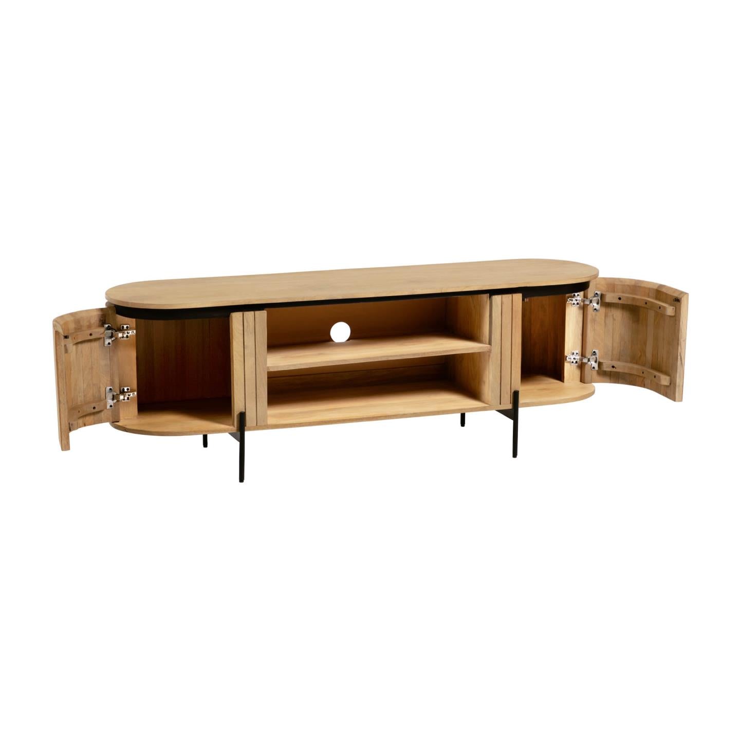 Licia solid mango wood TV stand with 2 doors and black finish metal, 160 x 56 cm - Product Image