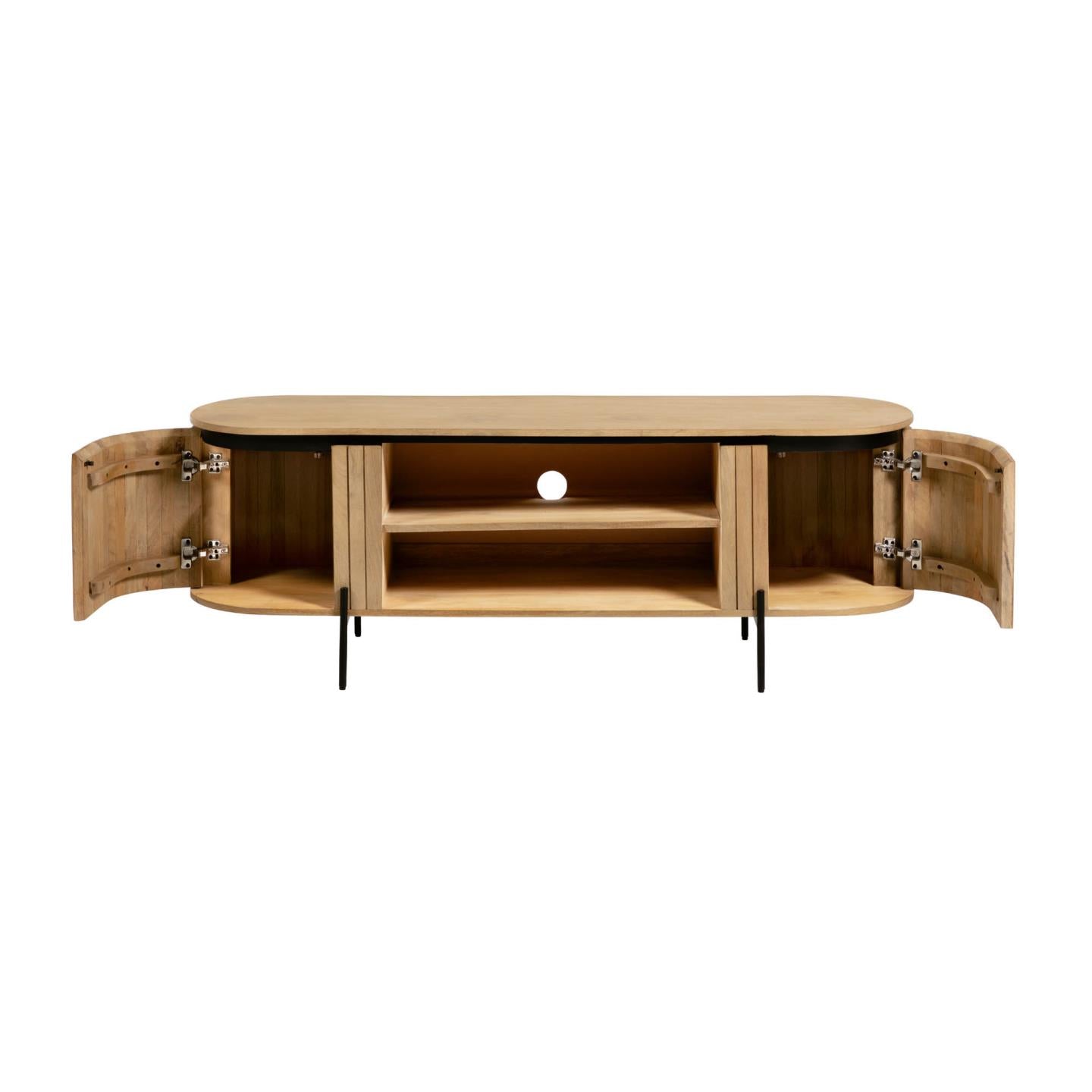 Licia solid mango wood TV stand with 2 doors and black finish metal, 160 x 56 cm - Product Image