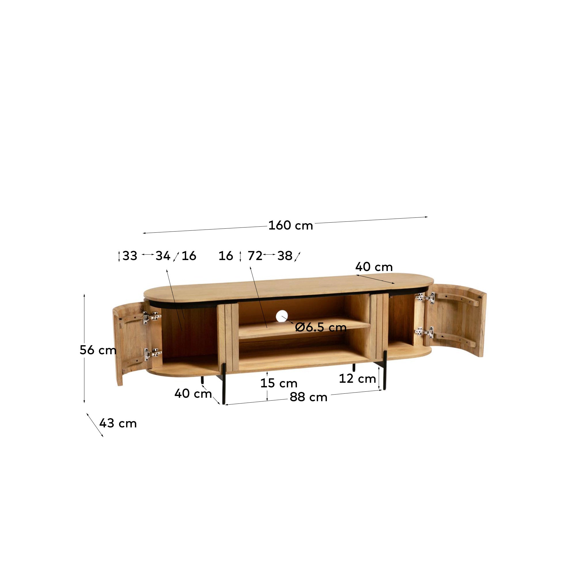 Licia solid mango wood TV stand with 2 doors and black finish metal, 160 x 56 cm - Measurements