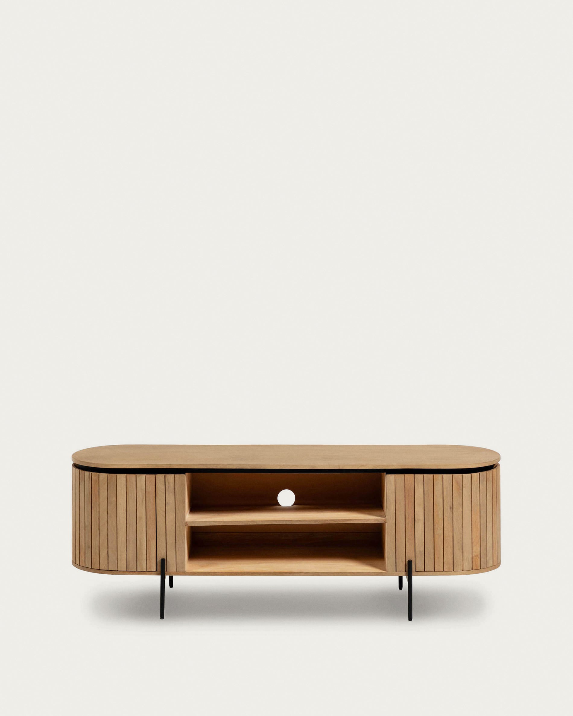Licia solid mango wood TV stand with 2 doors and black finish metal, 160 x 56 cm - Product View