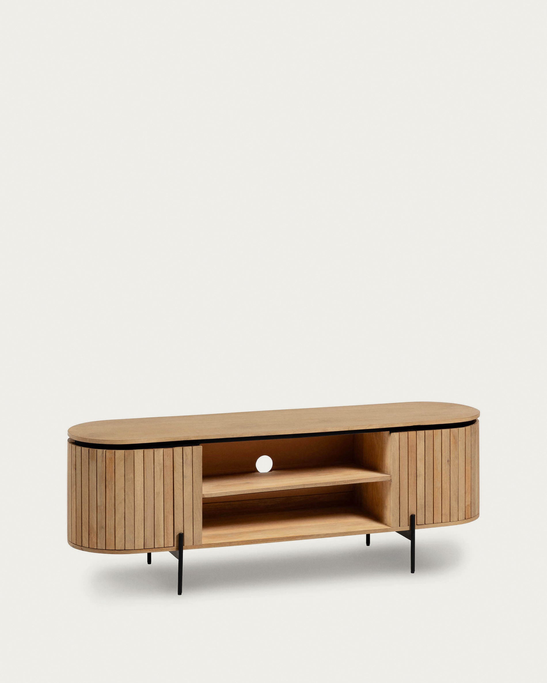 Licia solid mango wood TV stand with 2 doors and black finish metal, 160 x 56 cm - Product View