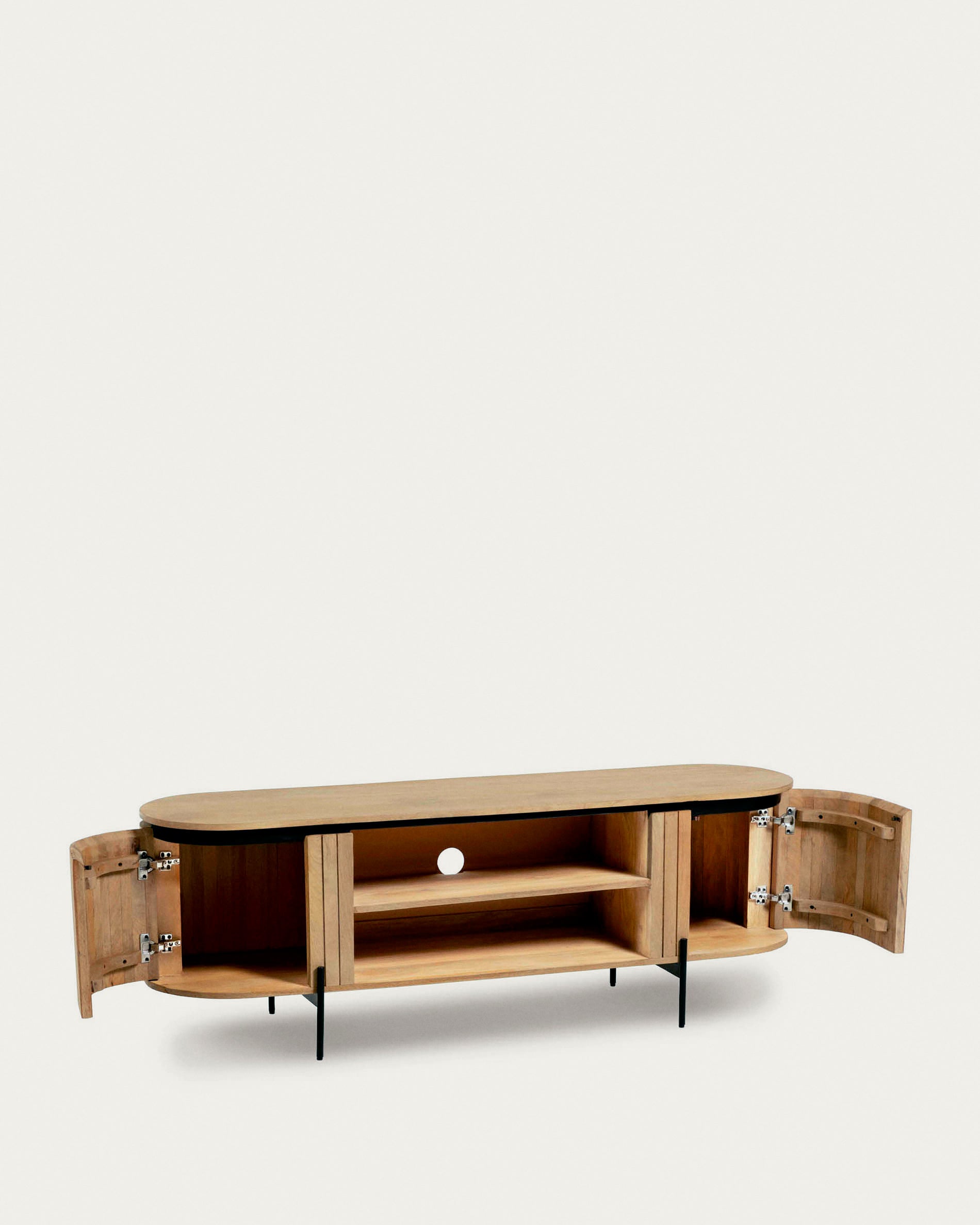Licia solid mango wood TV stand with 2 doors and black finish metal, 160 x 56 cm - Product View