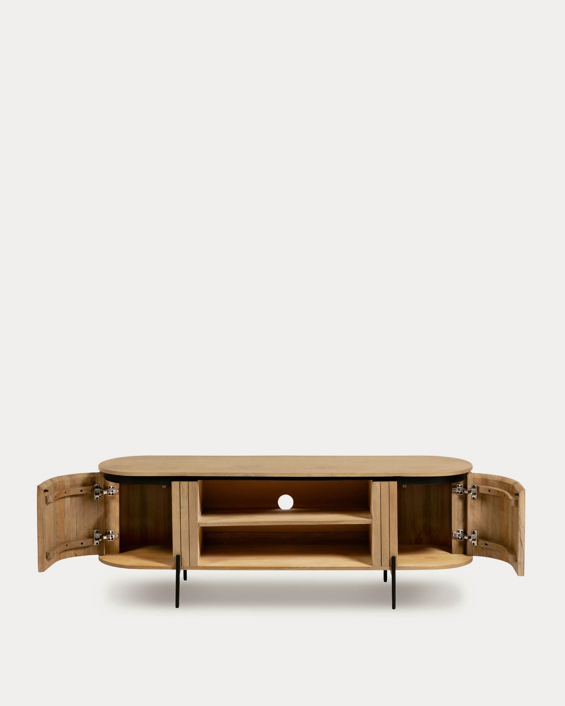 Licia solid mango wood TV stand with 2 doors and black finish metal, 160 x 56 cm - Product View