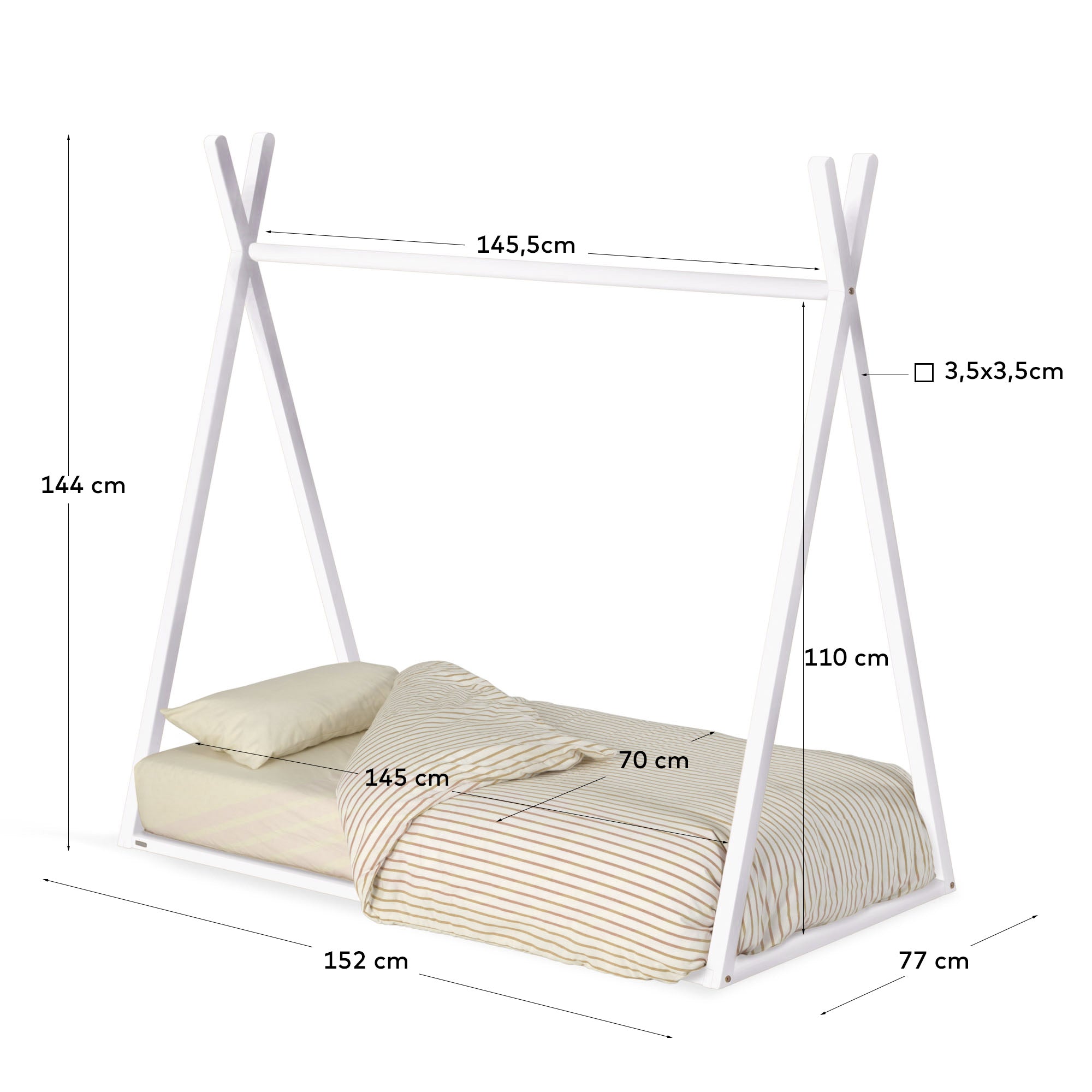Maralis teepee bed made of solid beech wood with a white finish, for 70 x 140 cm mattresses - Measurements