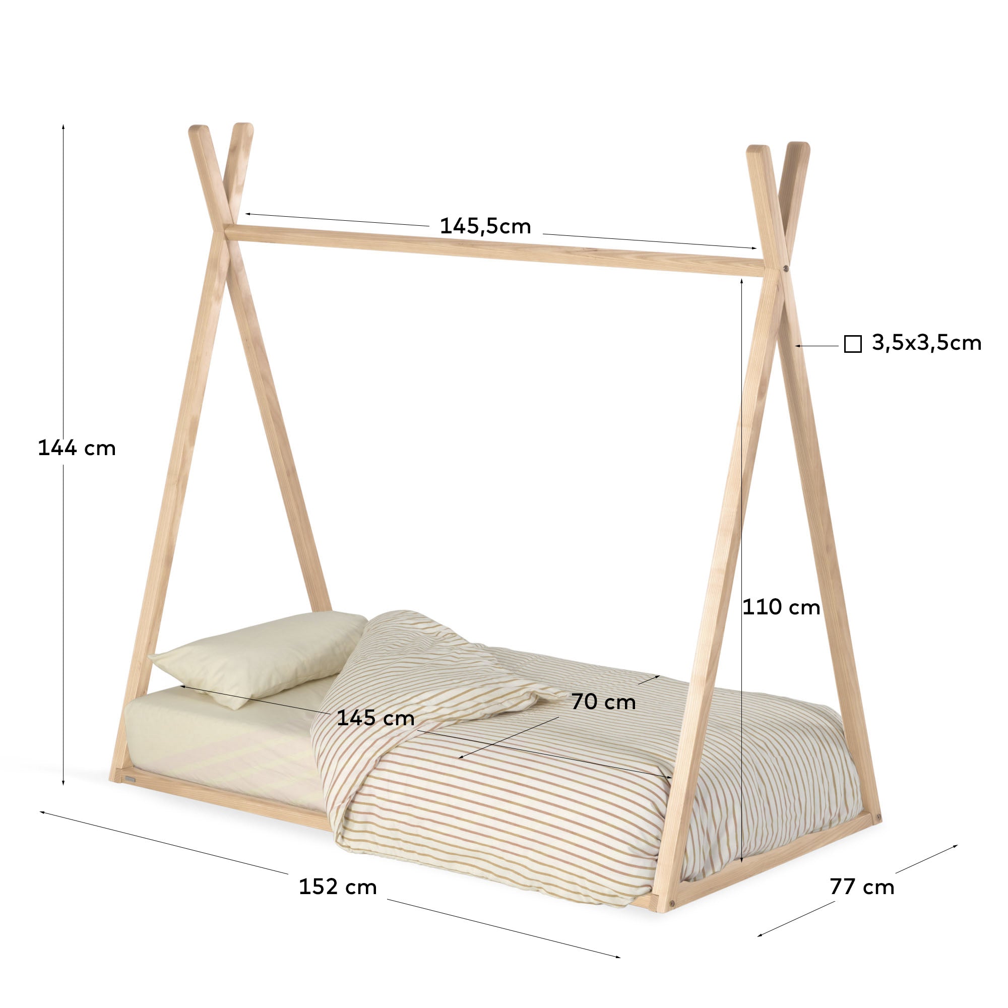 Maralis teepee bed made of solid beech wood with a natural finish, for 70 x 140 cm mattresses - Measurements