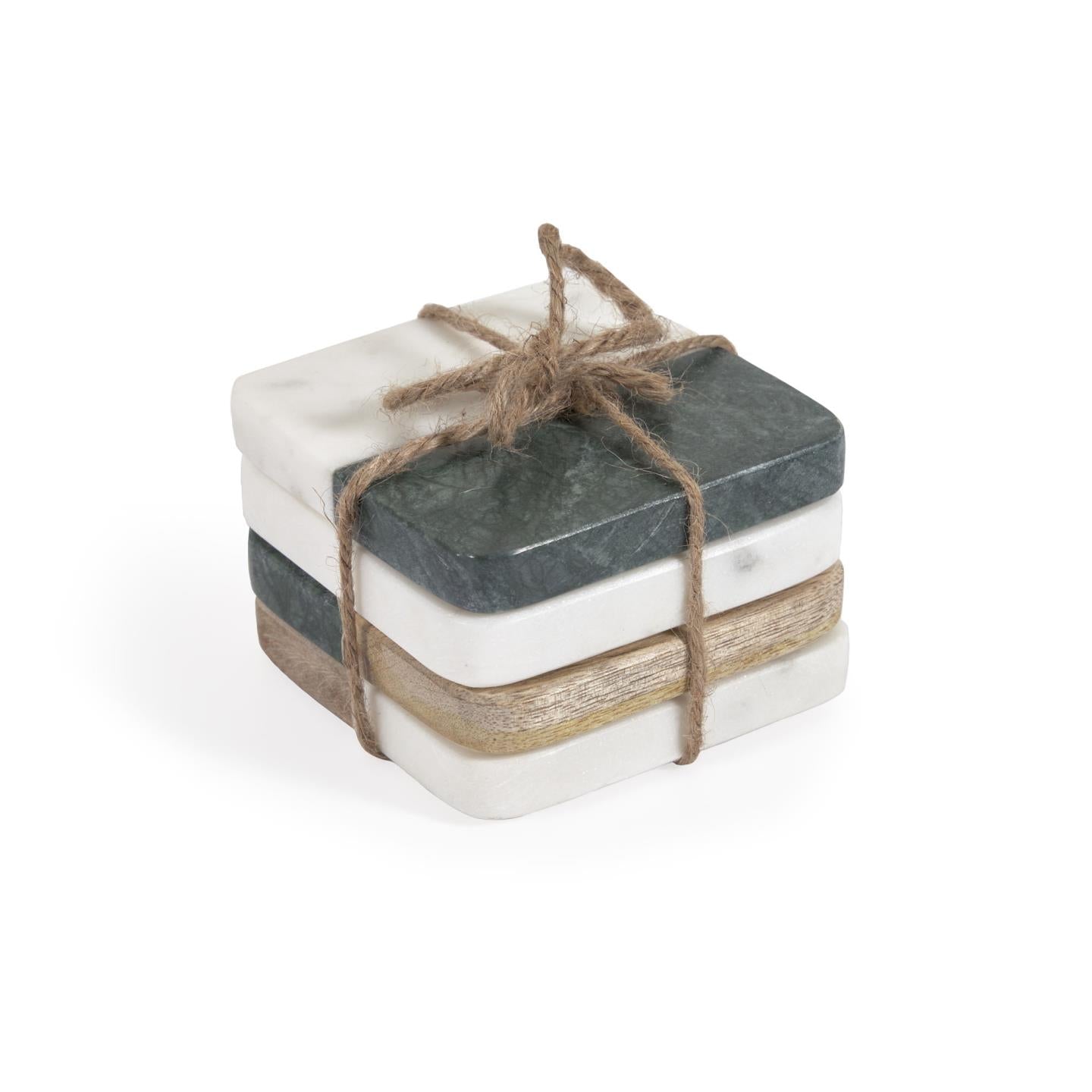 Wilmina set of 4 coasters in green stone and wood - Product Image