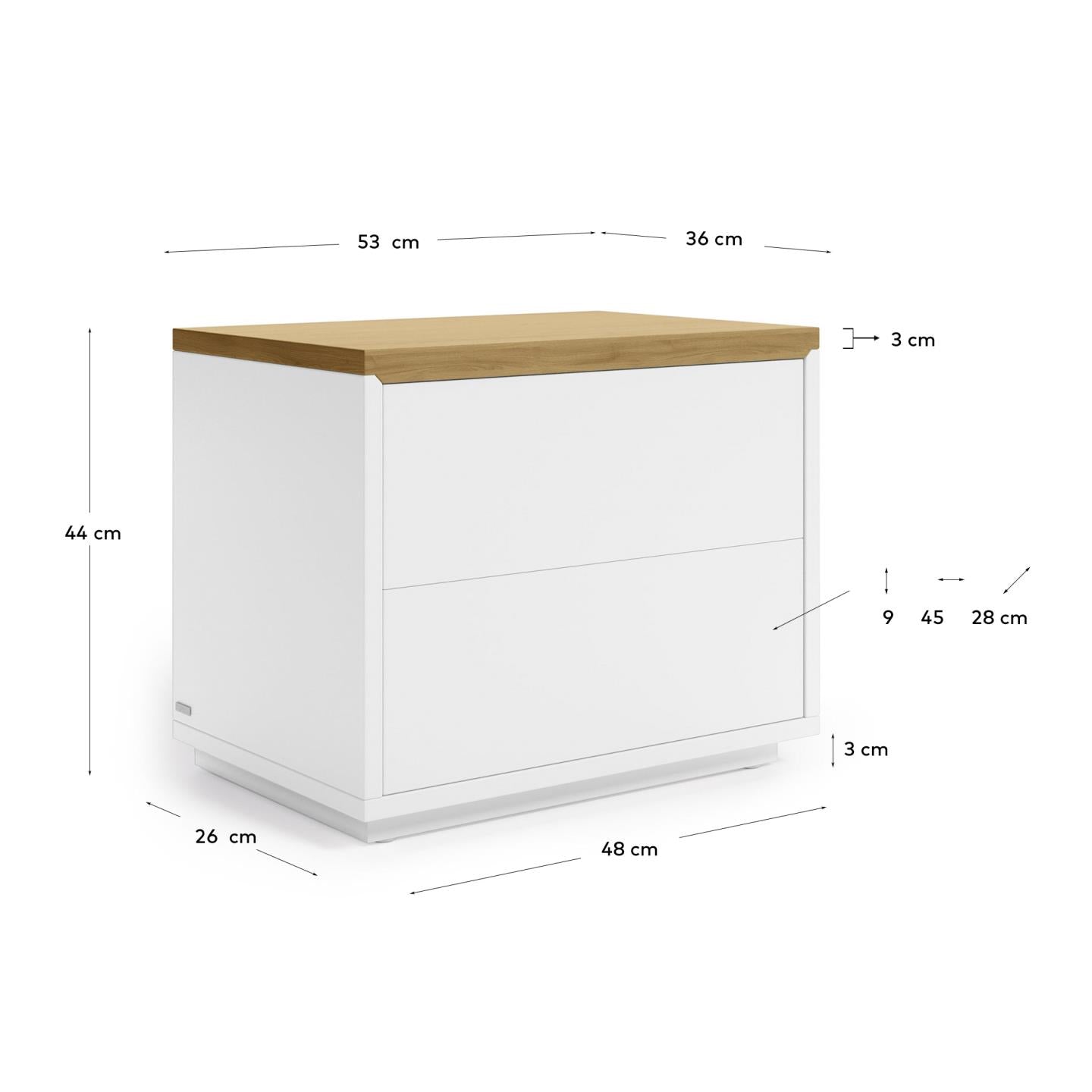 Abilen oak veneer and white lacquer bedside table 53 x 44 cm FSC 100% - Measurements