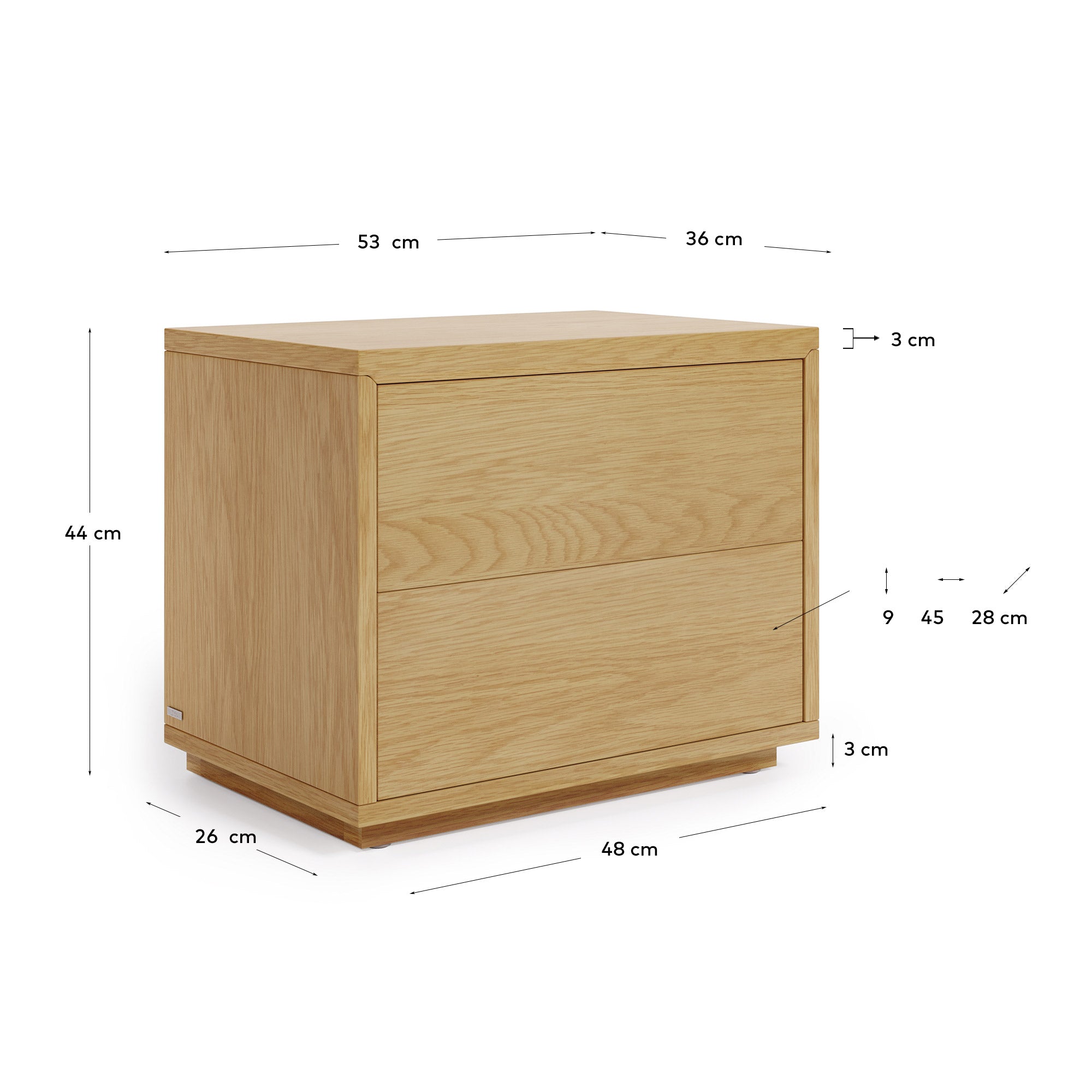 Abilen oak veneer and white lacquer bedside table, 53 x 44 cm, certified FSC 100% - Measurements