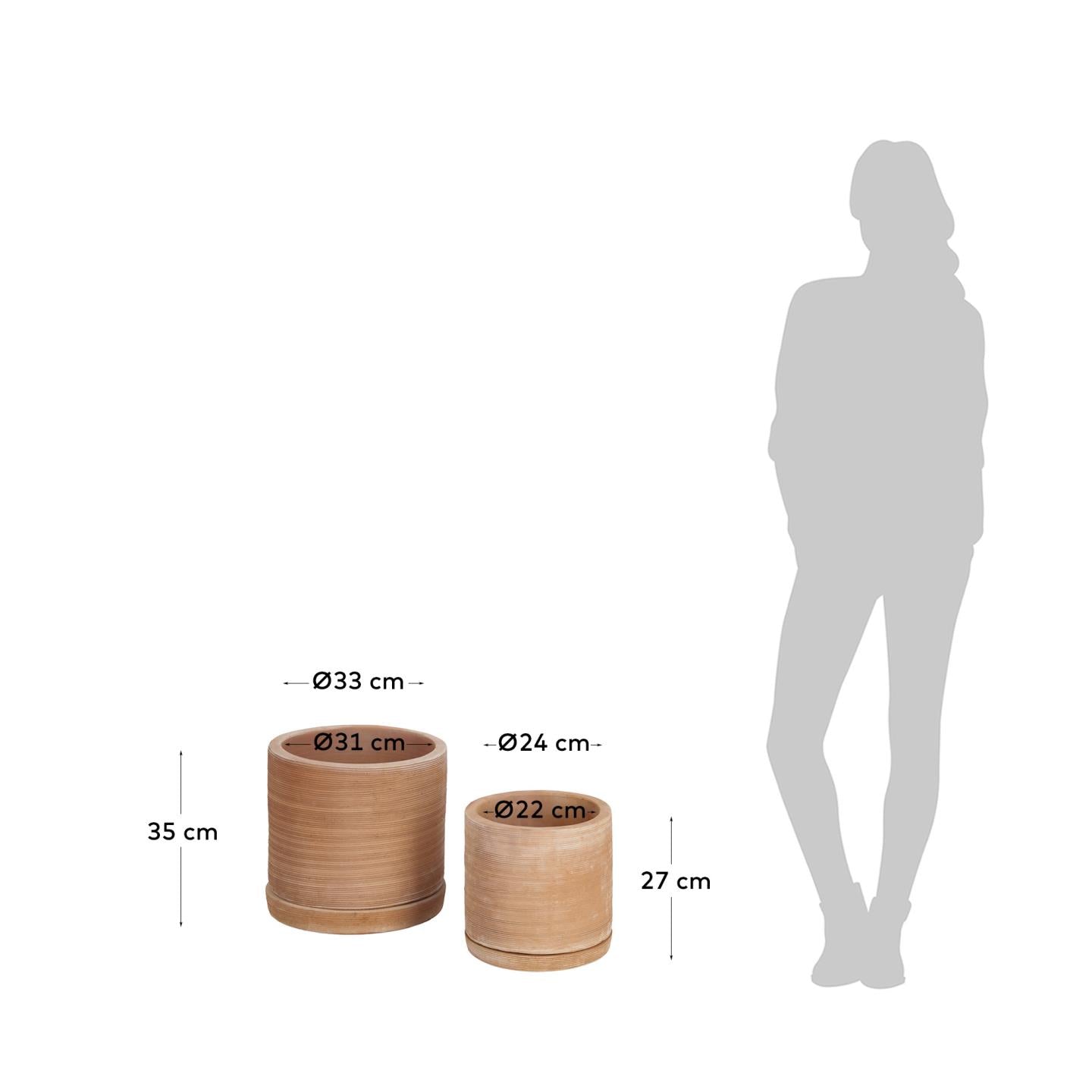 Karlina set of 2 terracotta plant pots with dishes, Ø 33 cm / Ø 24 cm - Measurements