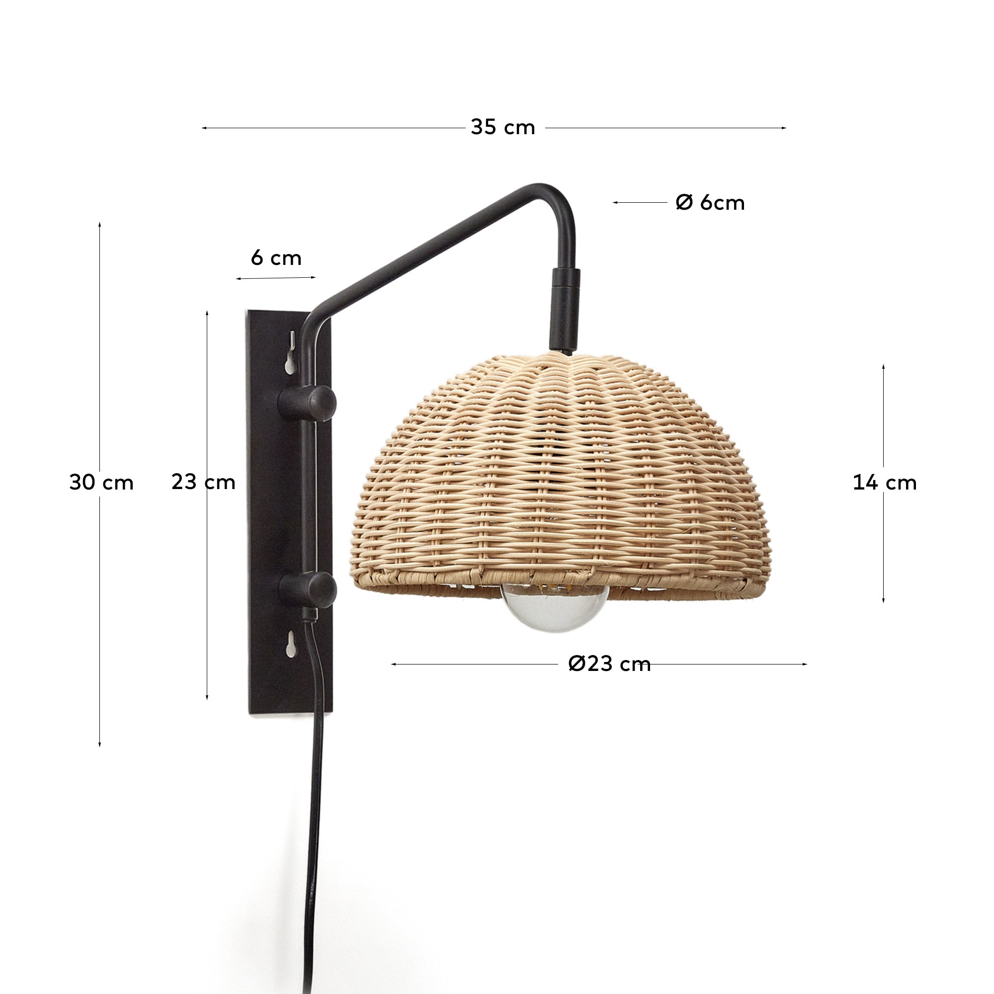 Damila wall light in rattan and black metal - Measurements