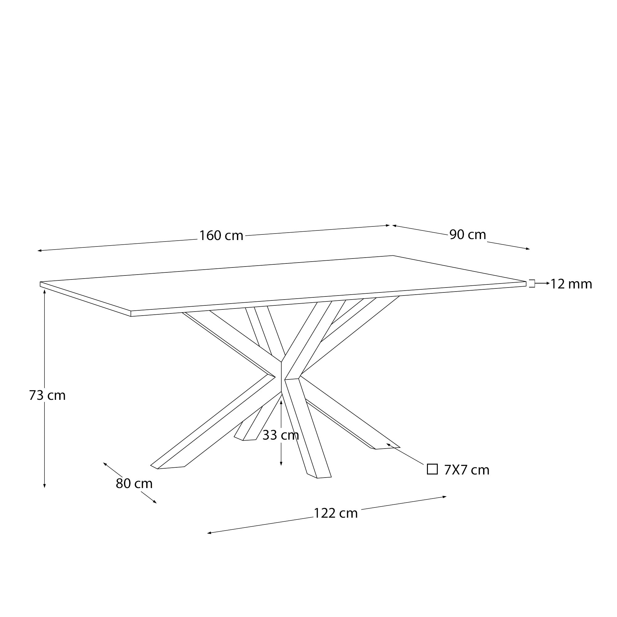 Argo table with black glass and black steel legs 160 x 90 cm - Measurements