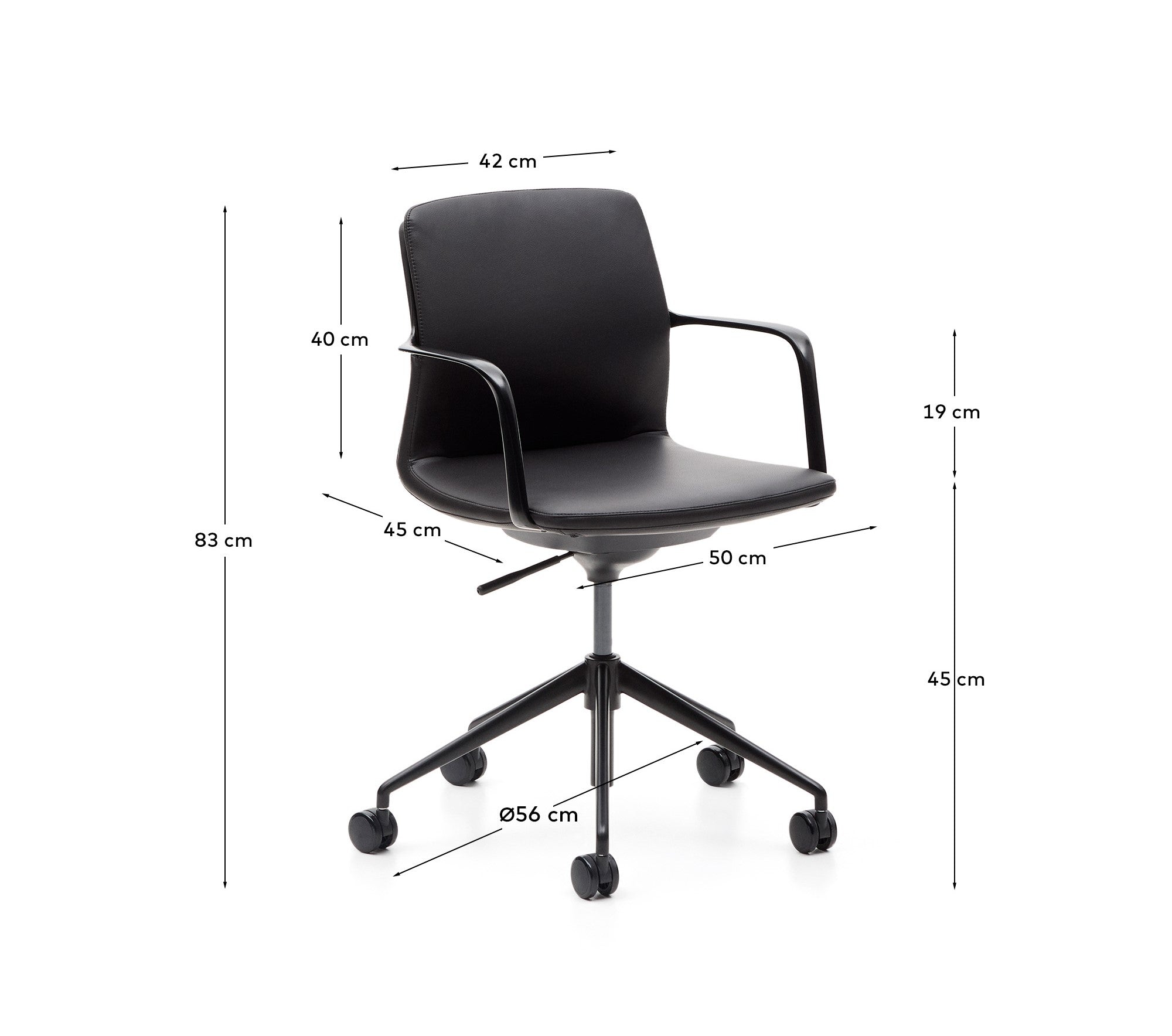 Nerlan desk chair in black faux leather with a black aluminium frame - Measurements