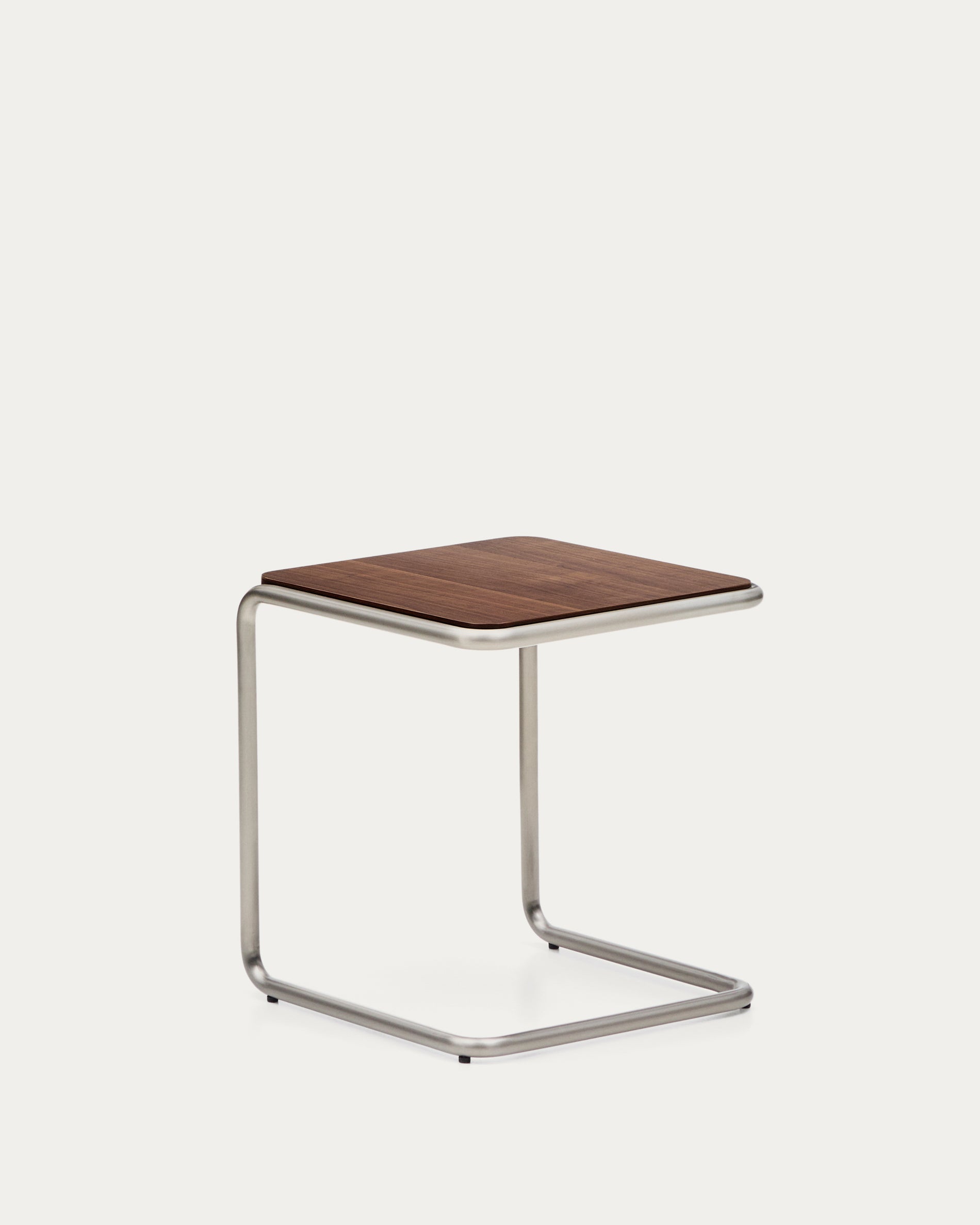 Tarsel side table in walnut veneer with brushed stainless steel structure 42 x 47cm - Product View