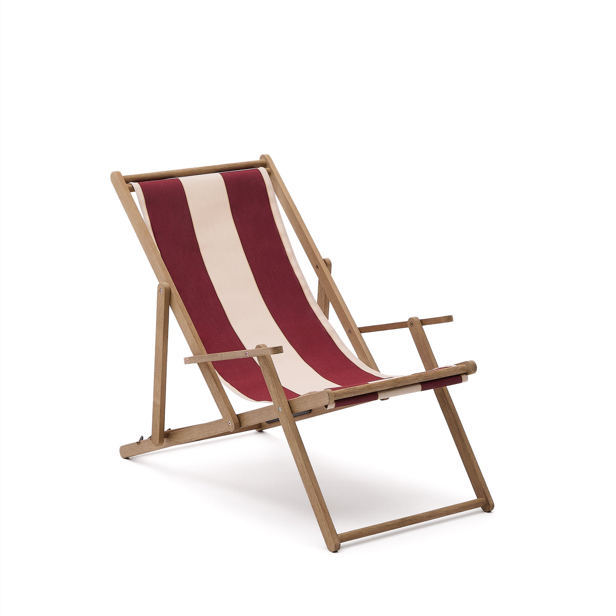 Vilara burgundy and beige striped outdoor folding deck chair made of FSC 100% solid acacia wood - Product Image