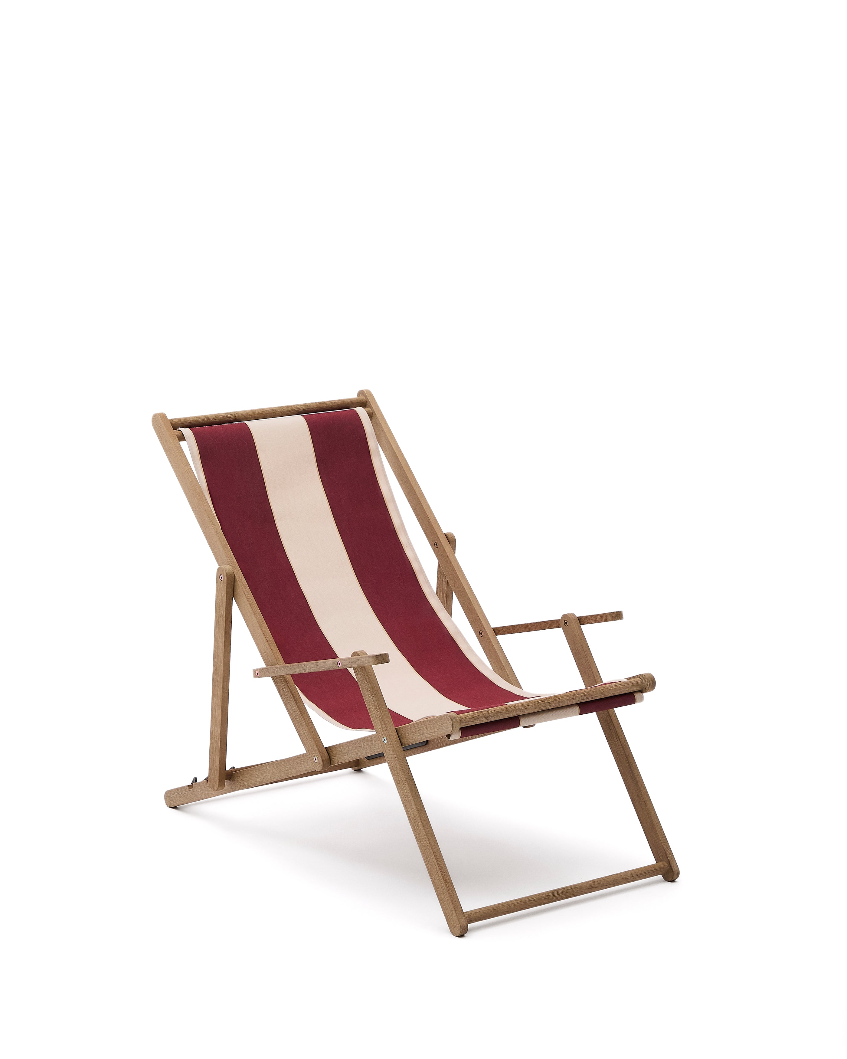 Vilara burgundy and beige striped outdoor folding deck chair made of FSC 100% solid acacia wood - Product Image